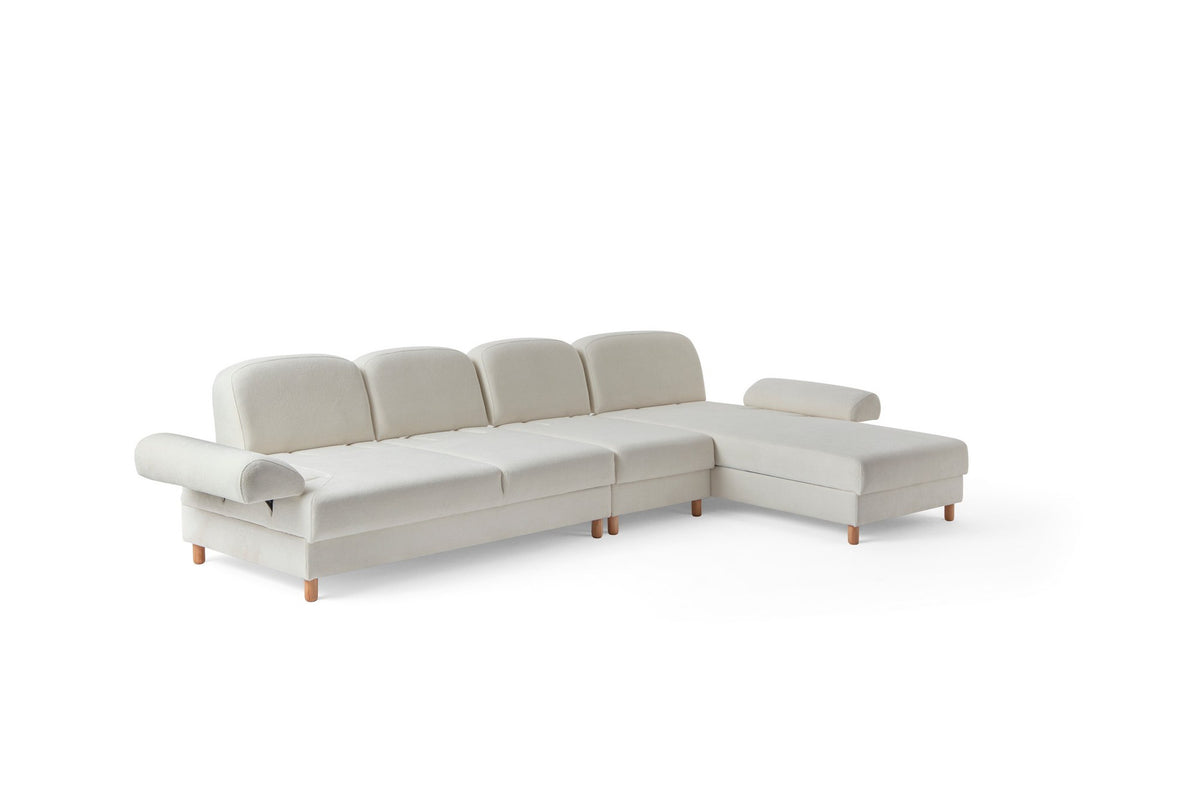 Weisses Eck-Schlafsofa Aries Relax Joker mit Coco-Boucle-Stoff, Holzbeinen und integrierter Aufbewahrungstruhe, rechte Ausführung, Ansicht von vorne.