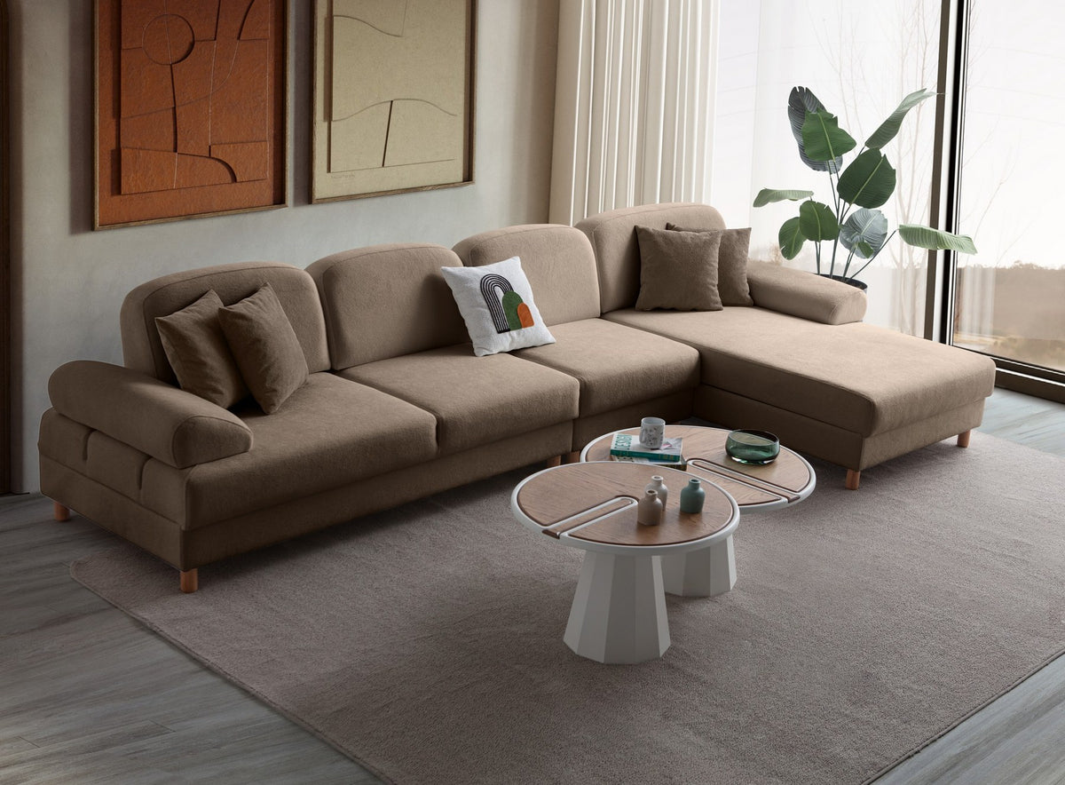 Braunes Eck-Schlafsofa Aries Relax Joker mit Coco-Boucle-Stoff, Holzbeinen und Aufbewahrungsbox, rechte Ausführung, von Hanah Home.