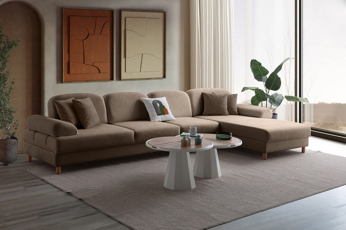 Braunes Eck-Schlafsofa Aries Relax Joker mit Coco-Boucle-Stoff, Holzbeinen und Aufbewahrungsbox, rechte Ausführung, von Hanah Home.