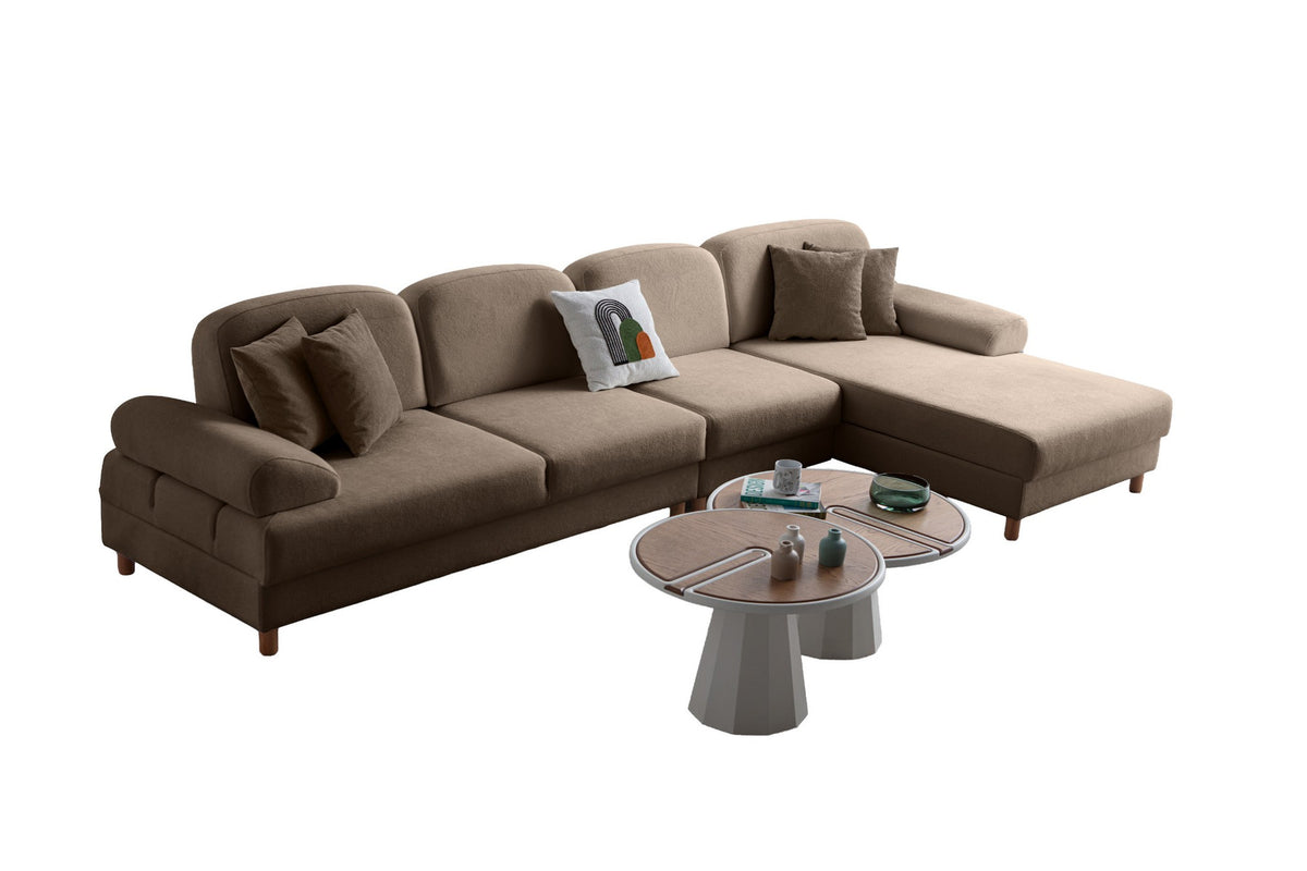 Braunes Eck-Schlafsofa Aries Relax Joker mit Coco-Boucle-Stoff, Holzbeinen und Aufbewahrungsbox, rechte Ausführung, von Hanah Home.