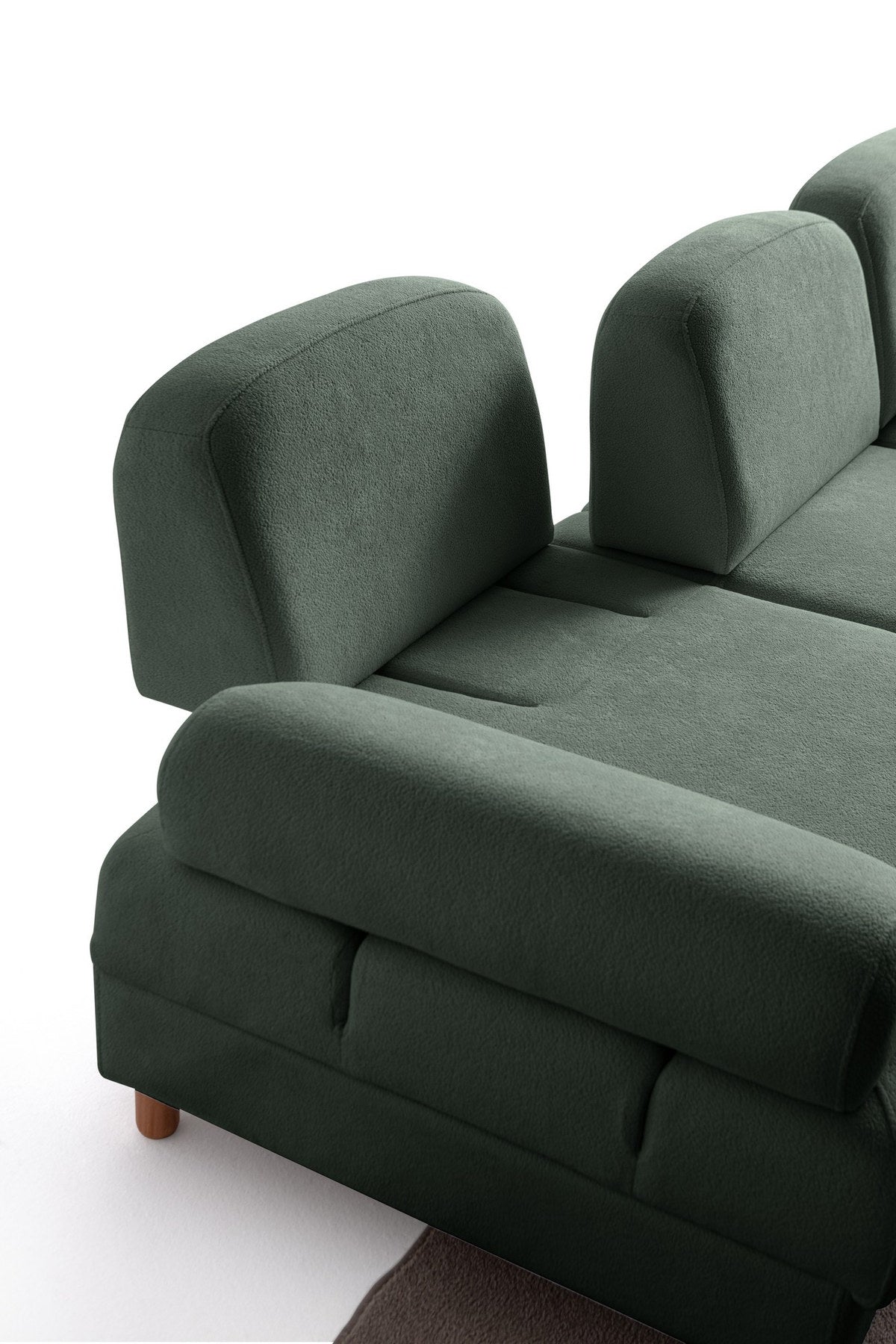 Grünes Eck-Schlafsofa Aries von Hanah Home mit Coco-Boucle-Stoff, Holzbeinen und Aufbewahrungstruhe, rechts ausgerichtet.