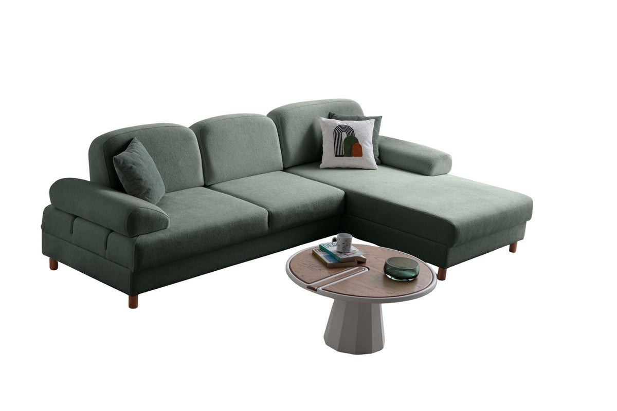 Grünes Eck-Schlafsofa Aries von Hanah Home mit Coco-Boucle-Stoff, Holzbeinen und Aufbewahrungstruhe, rechts ausgerichtet.