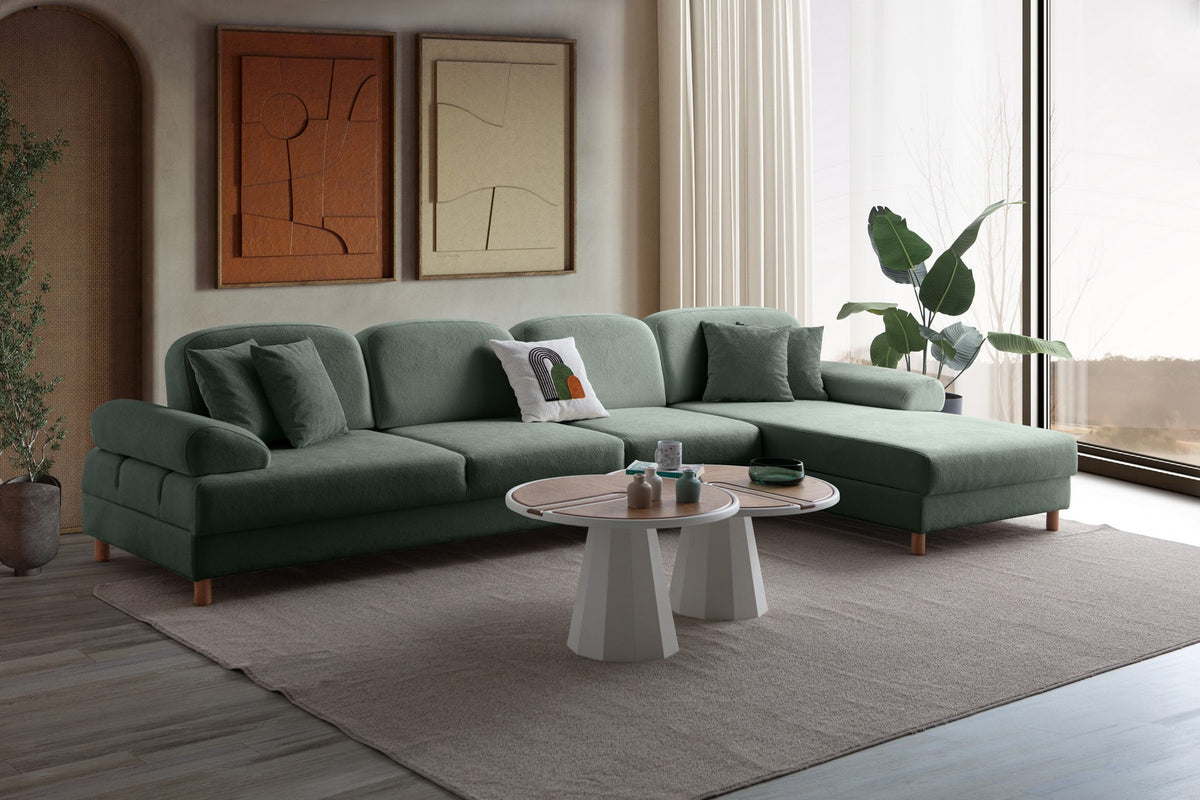 Grünes Eck-Schlafsofa Aries Relax Joker mit Coco-Boucle-Stoff, Holzbeinen und ausziehbarer Liegefläche, rechtsseitig positioniert.