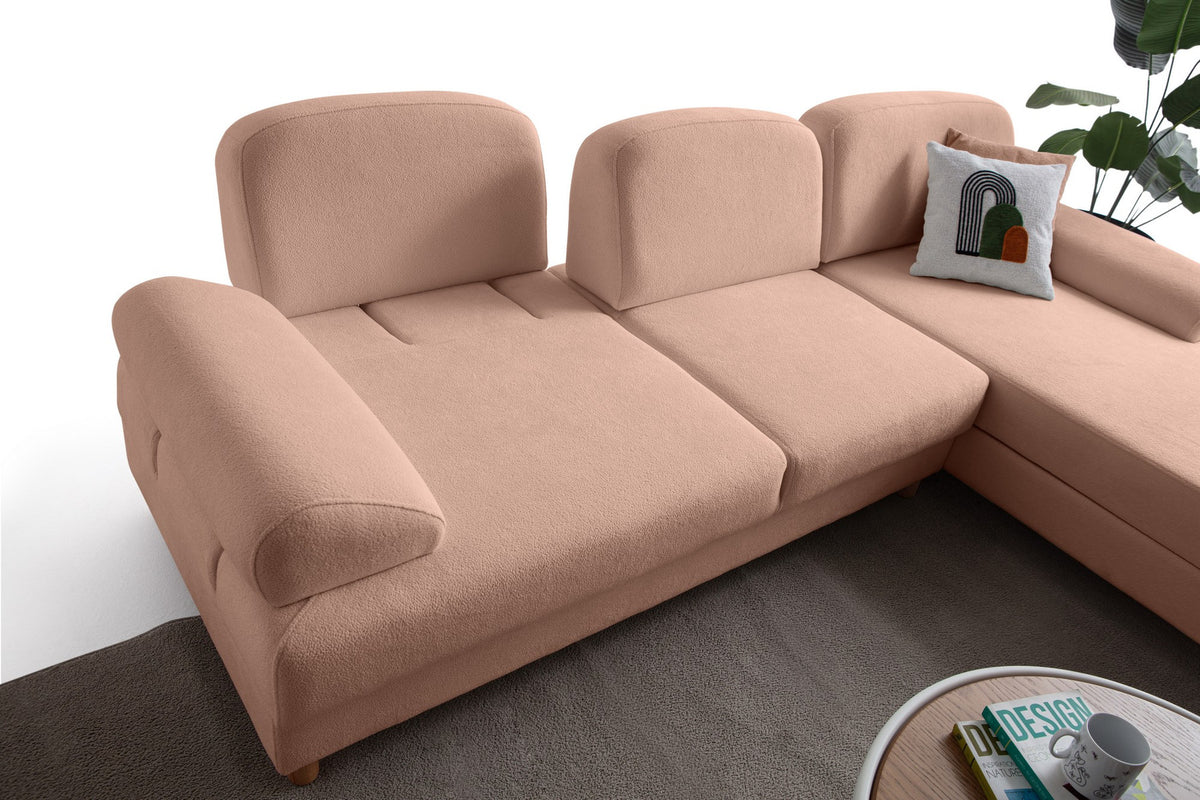Eck-Schlafsofa Aries in Altrosa mit Coco-Boucle-Stoffbezug, Holzbeinen und ausklappbarer Liegefläche, rechte Ausführung.