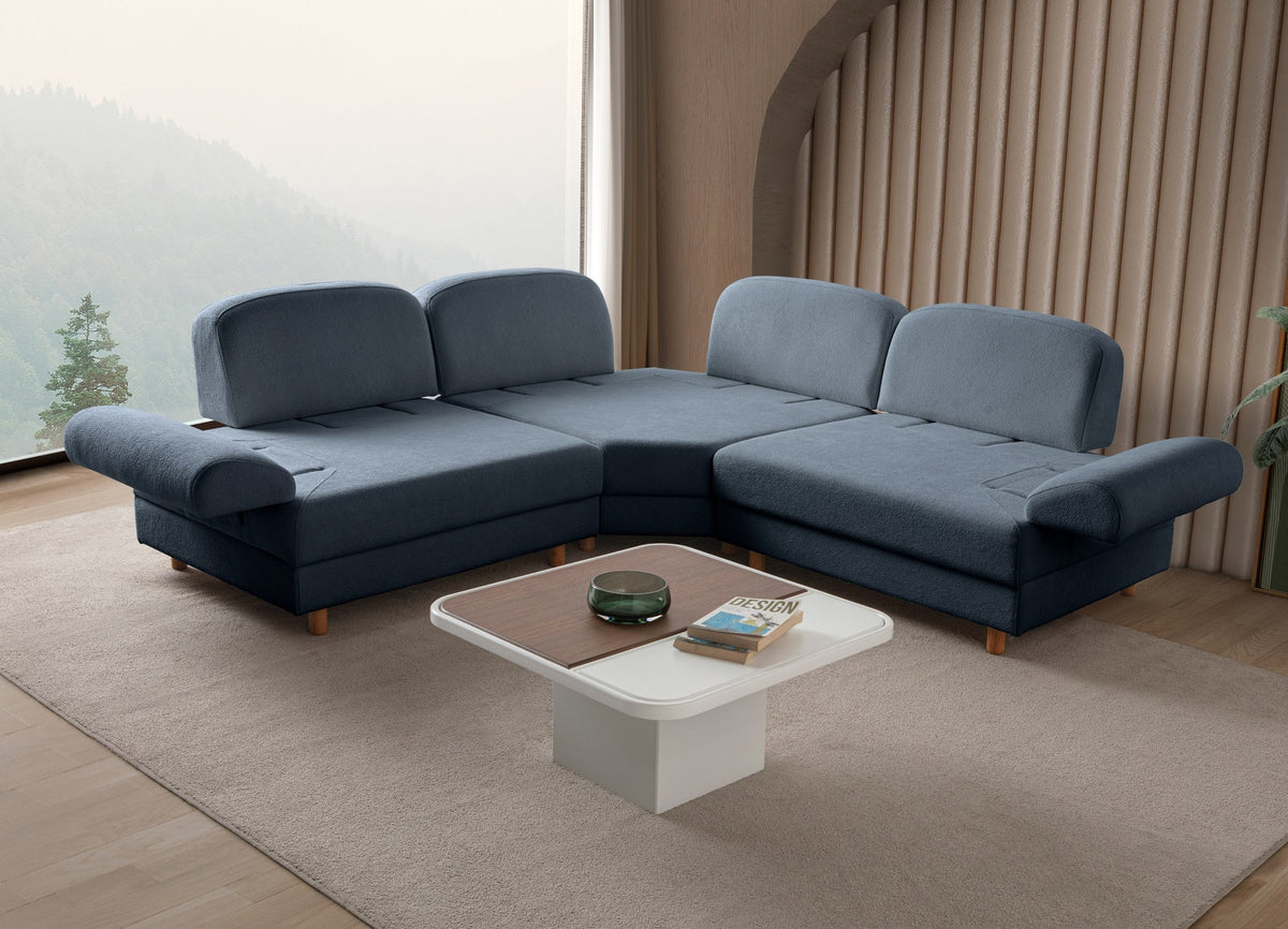 Marineblaues Eck-Schlafsofa Aries Modular S von Hanah Home mit Coco-Boucle-Stoff, Holzbeinen und integrierter Aufbewahrungsbox, aufgenommen im Wohnraum
