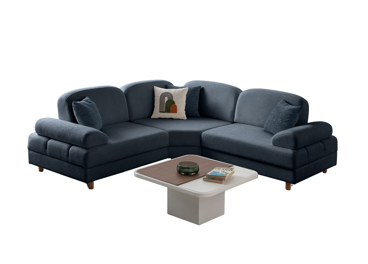 Marineblaues Eck-Schlafsofa Aries Modular S von Hanah Home mit Coco-Boucle-Stoff, Holzbeinen und integrierter Aufbewahrungsbox, aufgenommen im Wohnraum