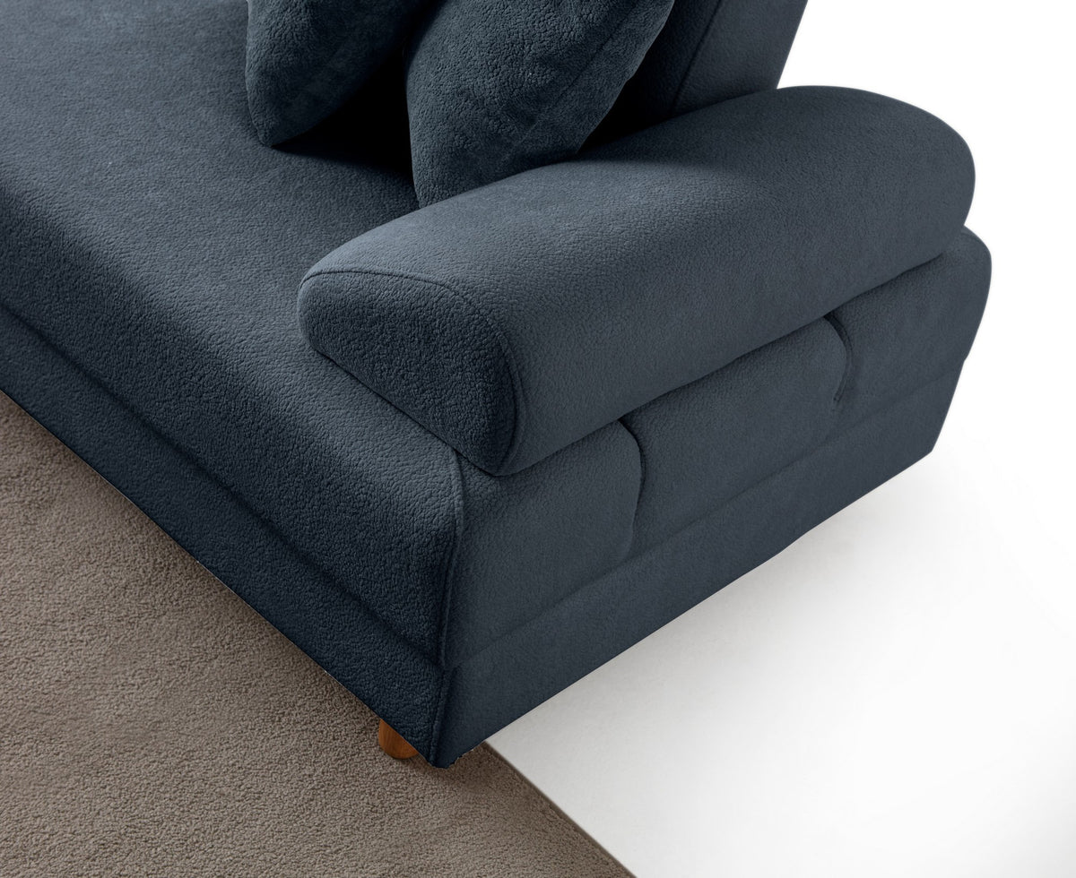 Marineblaues Eck-Schlafsofa Aries Modular S von Hanah Home mit Coco-Boucle-Stoff, Holzbeinen und integrierter Aufbewahrungsbox, aufgenommen im Wohnraum