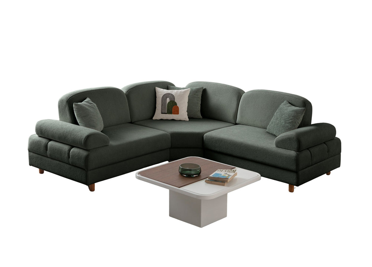Grünes Eck-Schlafsofa Aries Modular S von Hanah Home mit Coco-Boucle-Stoffbezug, Holzbeinen und integrierter Truhe für Stauraum.