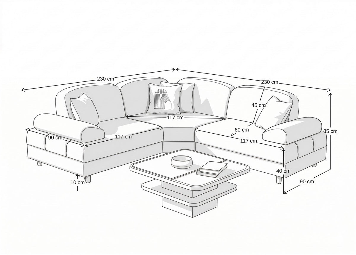 Orange Eck-Schlafsofa Aries Modular S von Hanah Home mit Coco-Boucle-Stoff, Holzbeinen und Aufbewahrungstruhe, Frontalansicht.