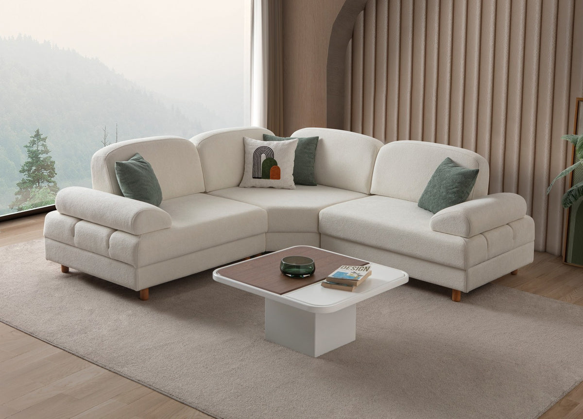 Weisses Eck-Schlafsofa Aries Modular S von Hanah Home mit Boucle-Stoffbezug, Holzbeinen und vier Kissen, Grösse 230x230x85 cm.
