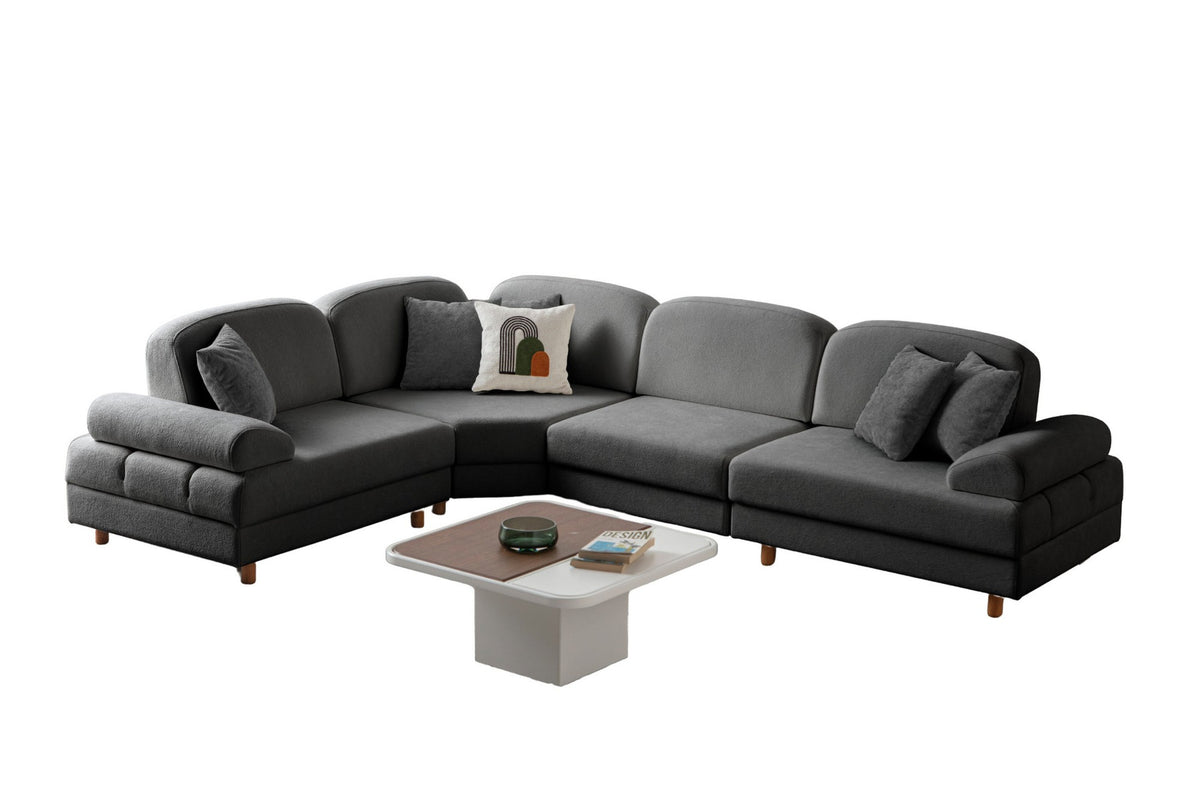 Anthrazitfarbenes Eck-Schlafsofa mit Boucle-Stoffbezug, Holzbeinen und Aufbewahrungstruhe, fotografiert in modularer L-Form.