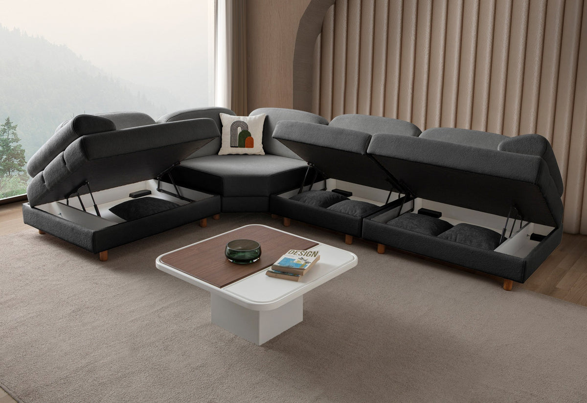 Anthrazitfarbenes Eck-Schlafsofa mit Boucle-Stoffbezug, Holzbeinen und Aufbewahrungstruhe, fotografiert in modularer L-Form.