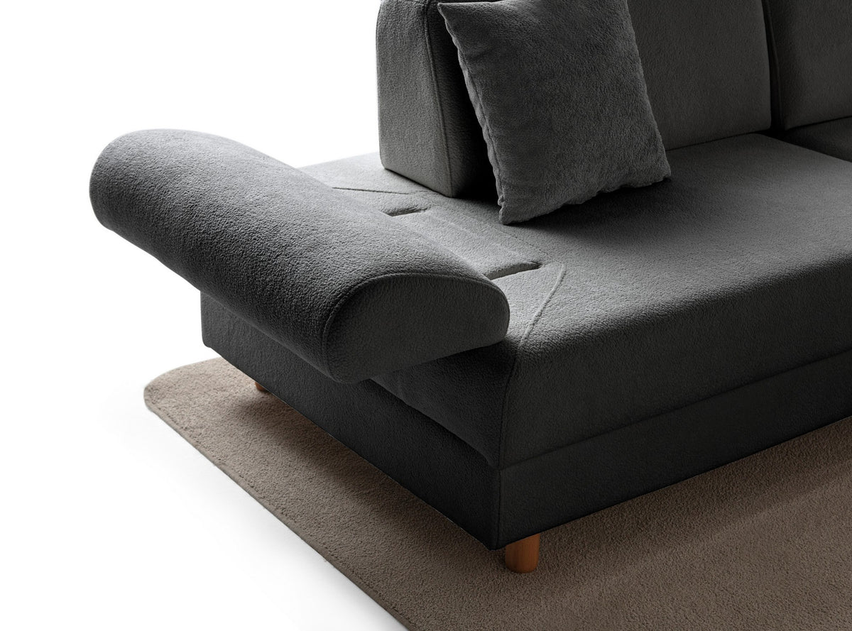 Anthrazitfarbenes Eck-Schlafsofa mit Boucle-Stoffbezug, Holzbeinen und Aufbewahrungstruhe, fotografiert in modularer L-Form.