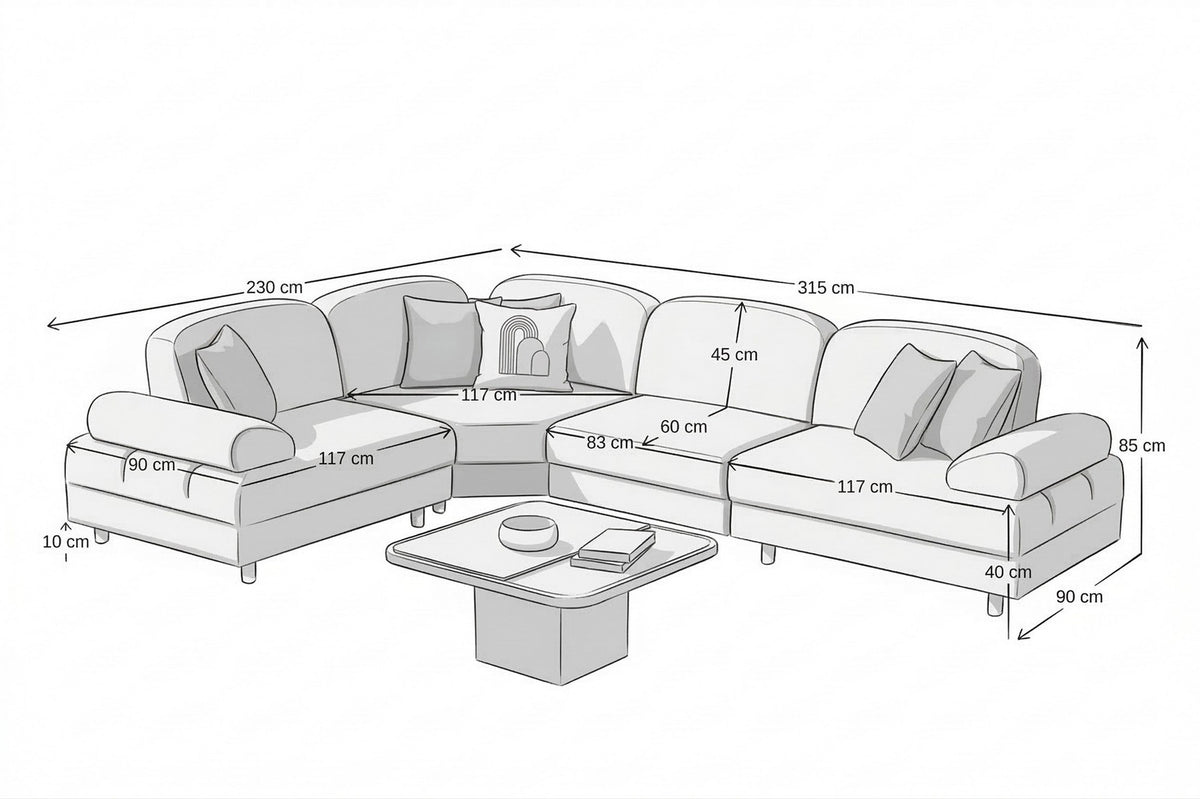 Eck-Schlafsofa Aries Modular M in Milchkaffee mit Boucle-Stoffbezug, Holzbeinen und sechs Kissen, modulare Sitzlandschaft.