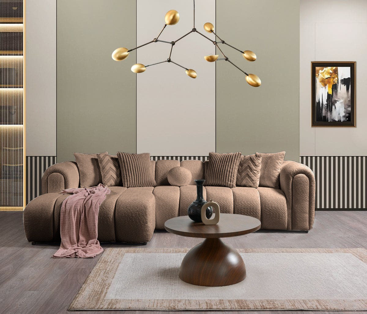 Ecksofa links in Nerz mit Boucle-Stoffbezug, Kunststoffbeinen und sieben Kissen, Gesamtbreite 265 x 185 cm, Sitzhöhe 40 cm.
