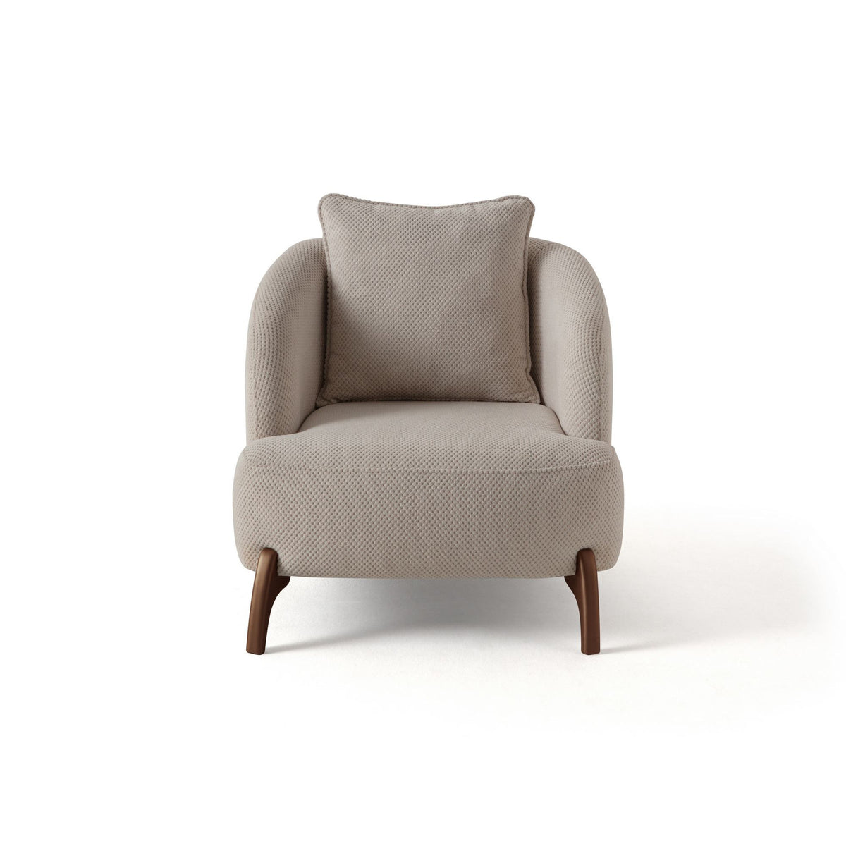 Beiger Ohrensessel mit Hainbuche-Gestell, Polyesterbezug in Tuna-Struktur, Holzbeinen und abnehmbarem Rückenkissen, Wing-Chair-Form.