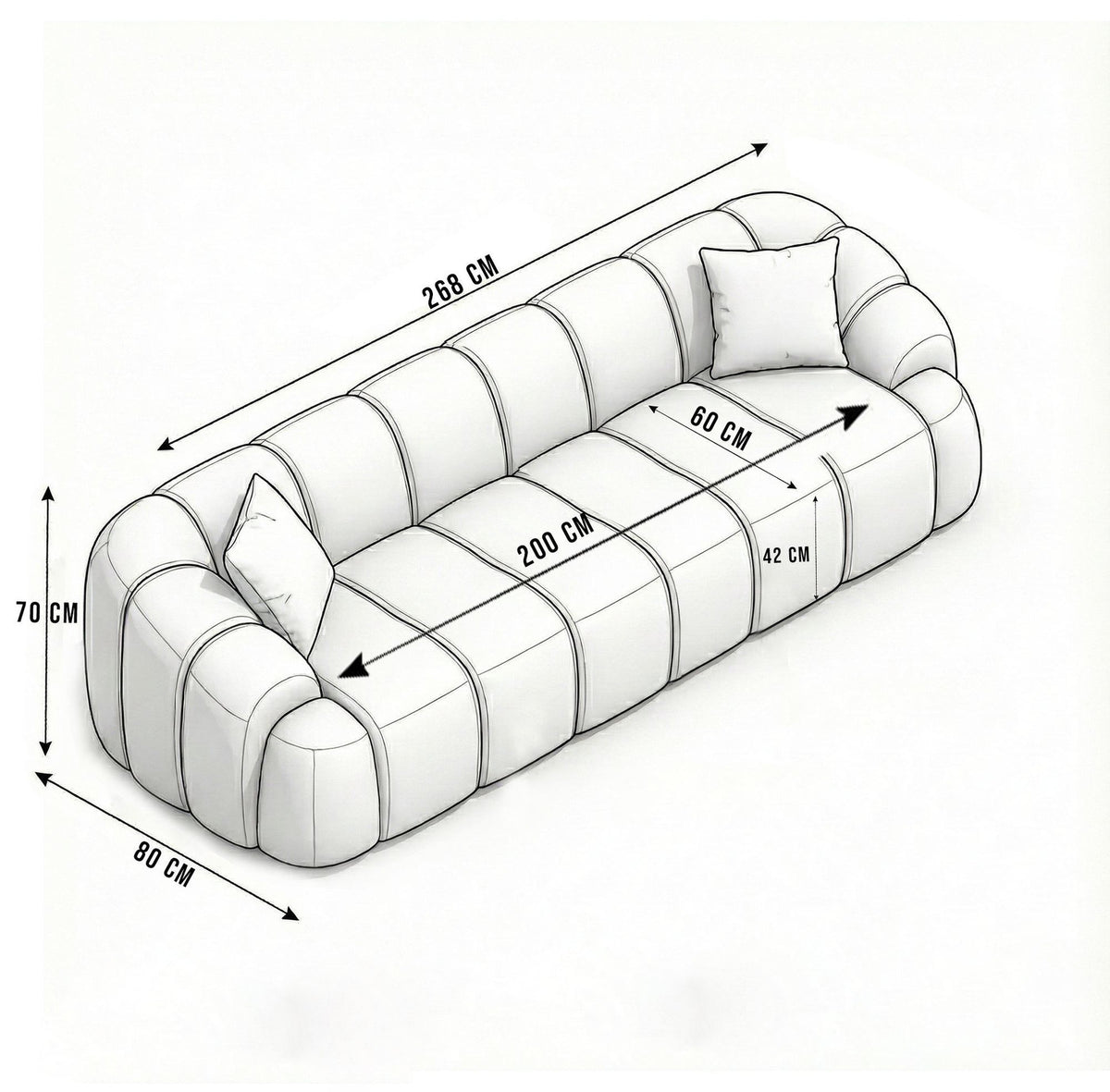 Braunes 4-Sitzer Sofa Octavio aus Polyester-Stoff mit Holzgestell, zwei Kissen und niedrigen Kunststoffbeinen, fotografiert freistehend.