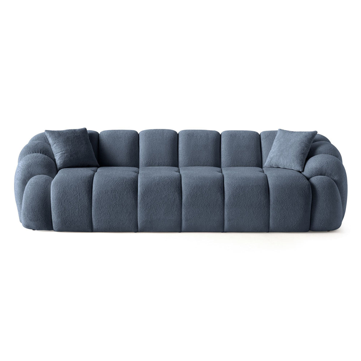 Marineblaues 4-Sitzer Sofa Octavio von Hanah Home mit Polyesterbezug in Venus-Struktur, Kunststoffbeinen und zwei losen Kissen.