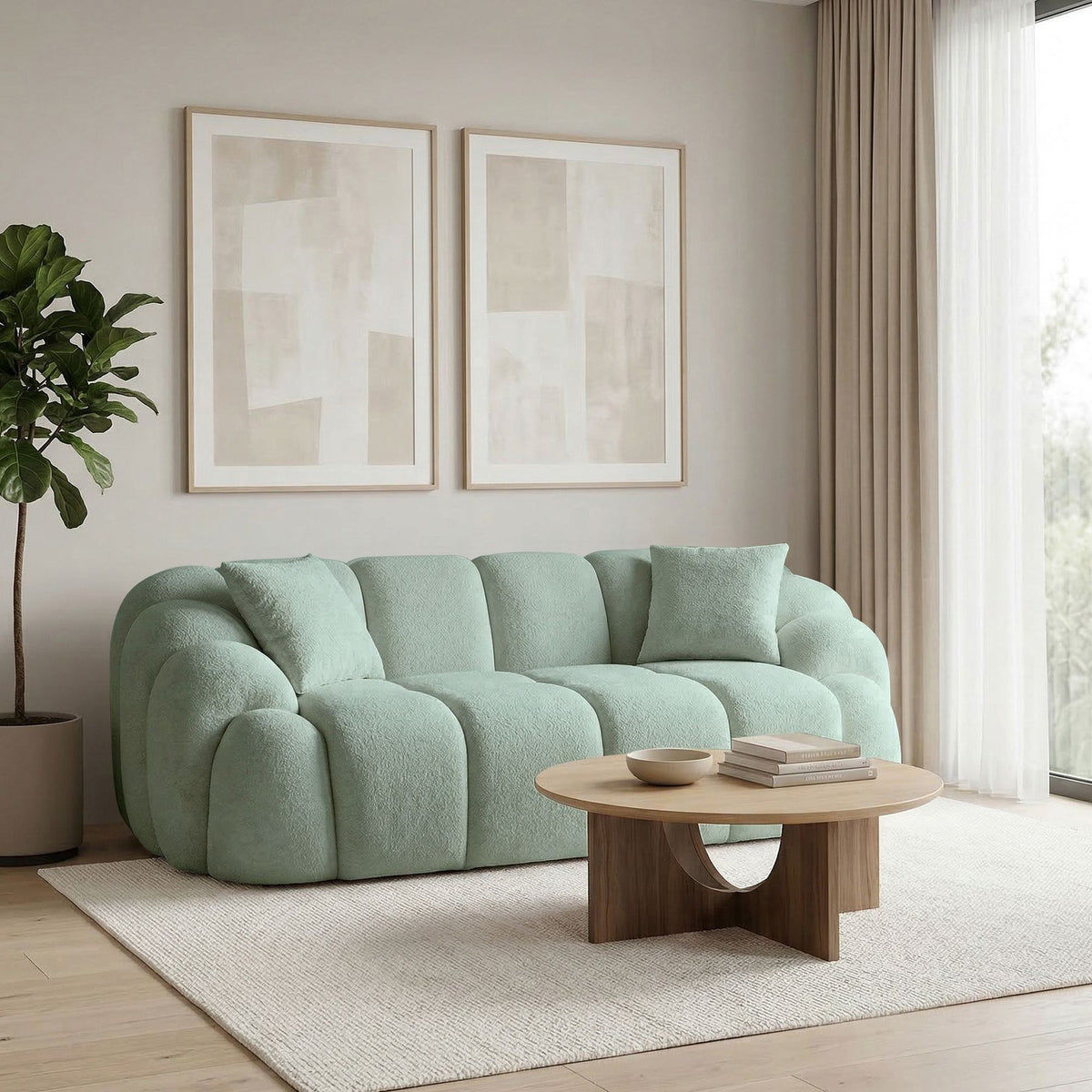 Türkisfarbenes 2-Sitzer Sofa Octavio mit Polyesterbezug, Hainbuche-Gestell und Kunststoffbeinen, zwei Kissen.