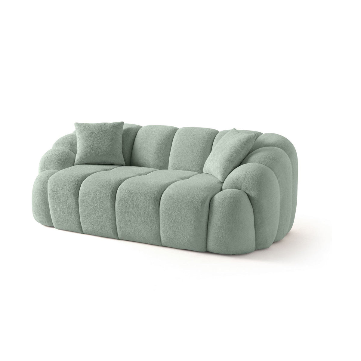 Türkisfarbenes 2-Sitzer Sofa Octavio mit Polyesterbezug, Hainbuche-Gestell und Kunststoffbeinen, zwei Kissen.