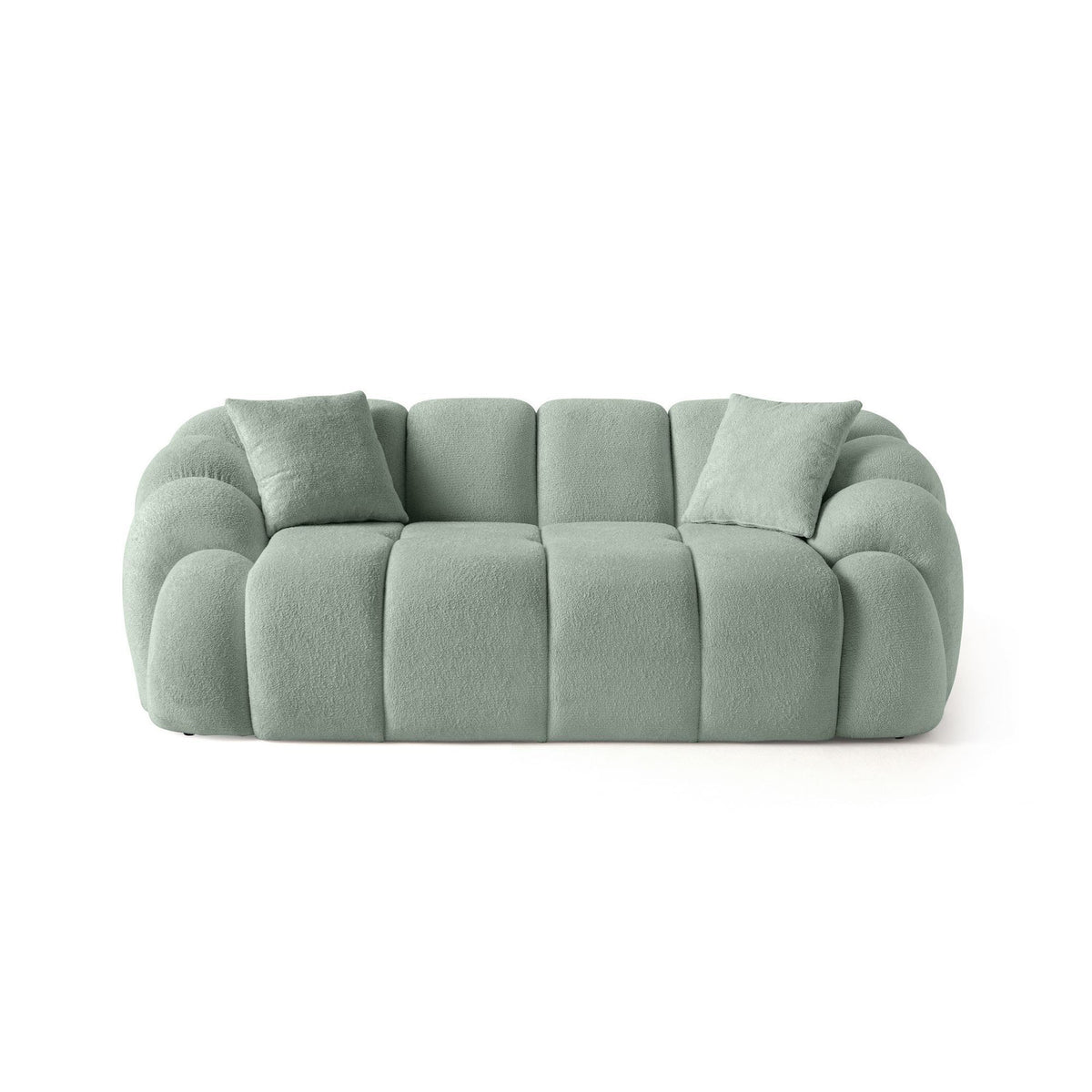 Türkisfarbenes 2-Sitzer Sofa Octavio mit Polyesterbezug, Hainbuche-Gestell und Kunststoffbeinen, zwei Kissen.