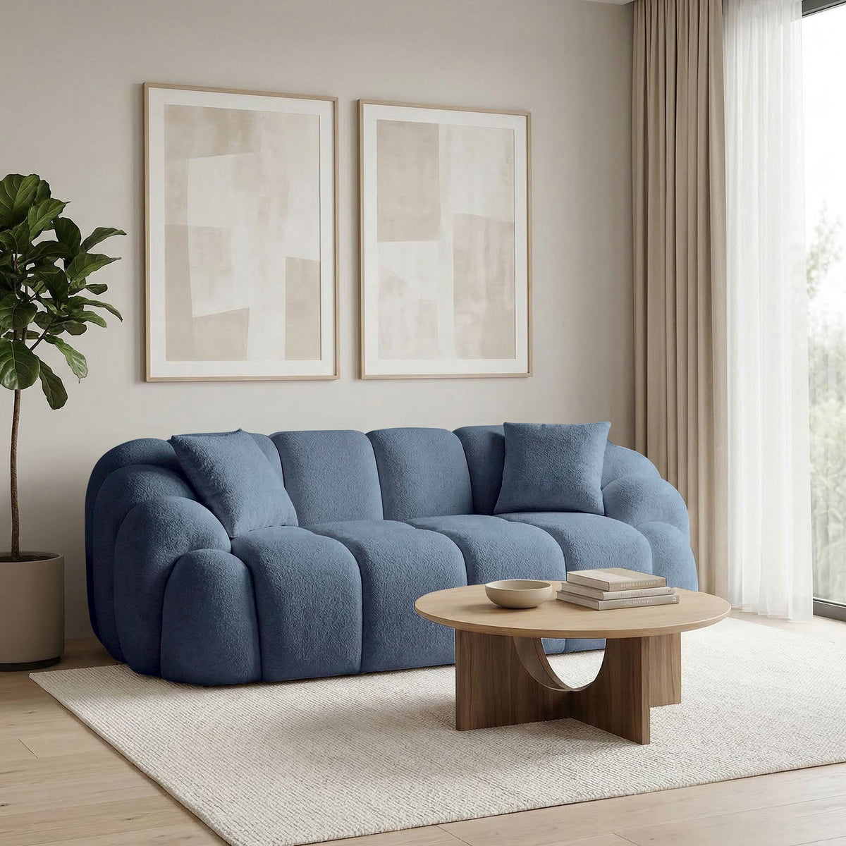 Marineblaues 2-Sitzer Sofa Octavio von Hanah Home mit Polyesterbezug, Kunststoffbeinen und abnehmbarem Rückenkissen auf hellem Hintergrund.