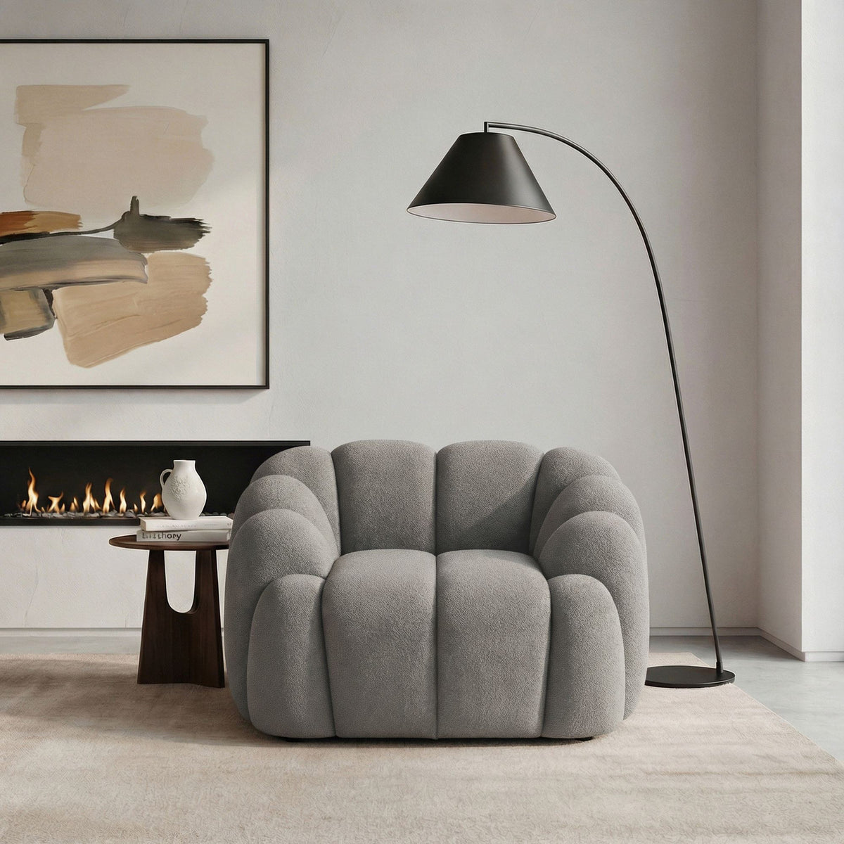 Graues 1-Sitzer Sofa Octavio von Hanah Home mit Polyesterbezug, Holzgestell, Kunststoffbeinen und abnehmbarem Rückenkissen.
