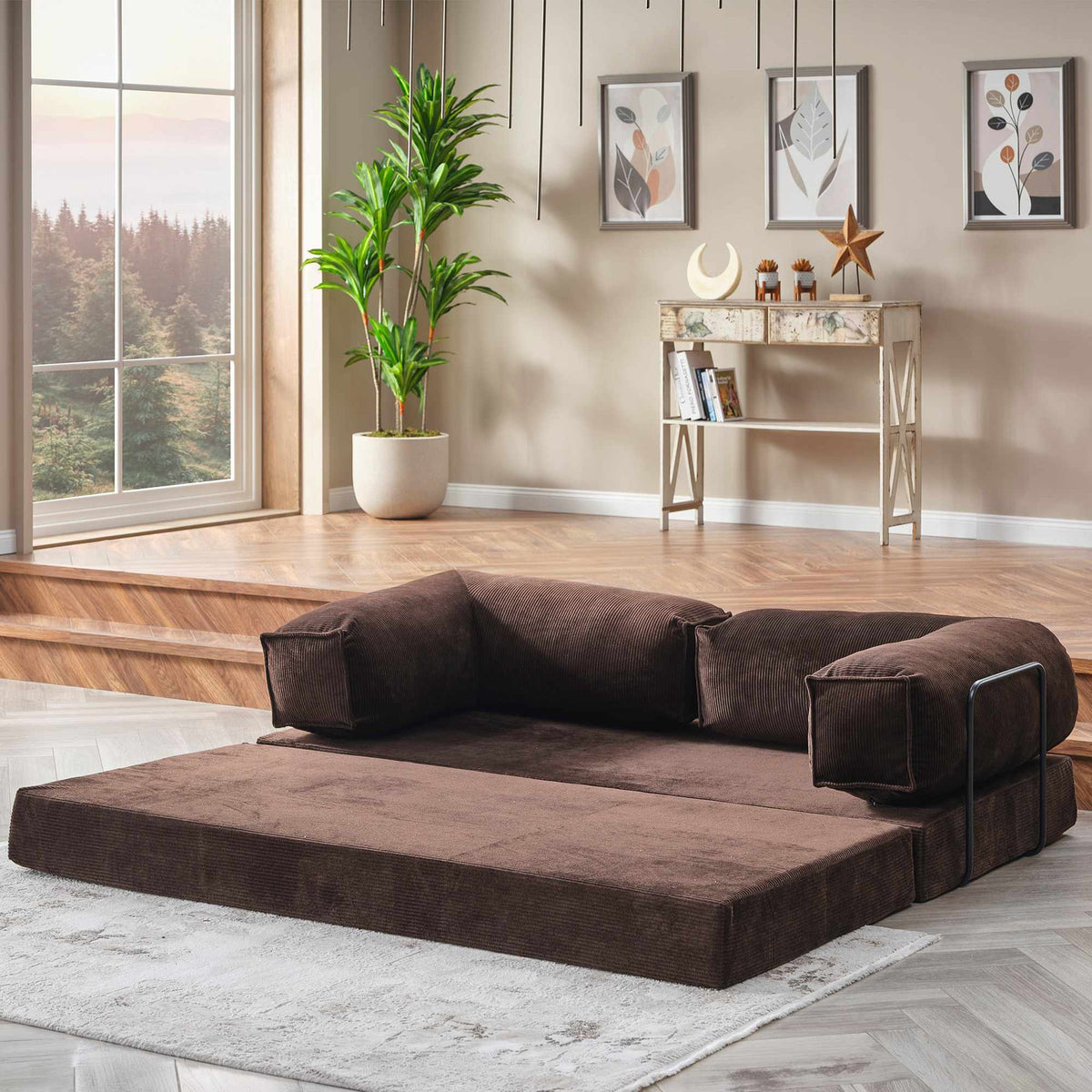 Braunes 2-Sitzer Schlafsofa Kanepe 160 aus Polyester und Leinen mit Eisengestell, im ausgeklappten Zustand als Bett mit 160 x 160 cm.