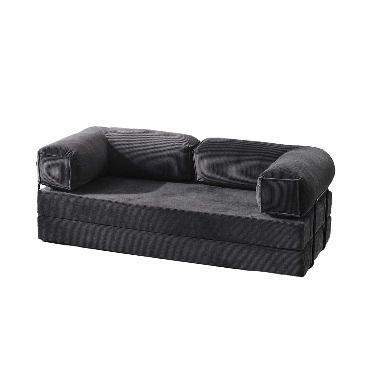 Anthrazitfarbenes 2-Sitzer Schlafsofa Kanepe 160 aus Polyester und Leinen mit Eisengestell, Sitzhöhe 36 cm, im ausgeklappten Zustand als Bett sichtbar.