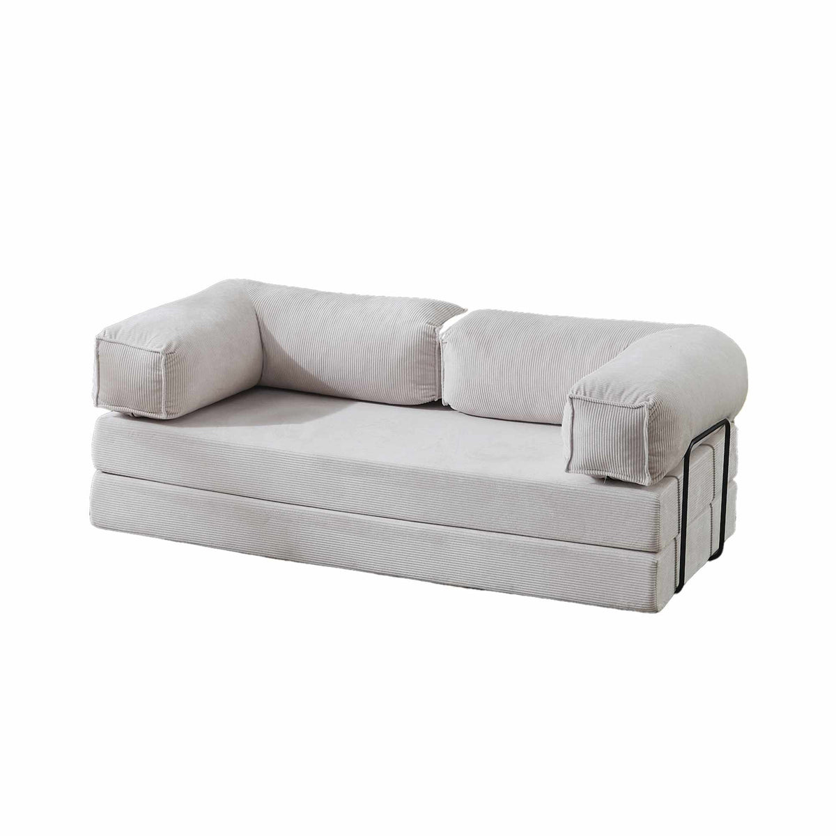 Cremefarbenes 2-Sitzer Schlafsofa Kanepe 160 aus Polyester und Leinen mit Schaumstofffüllung, Eisengestell und ausklappbarer Liegefläche.