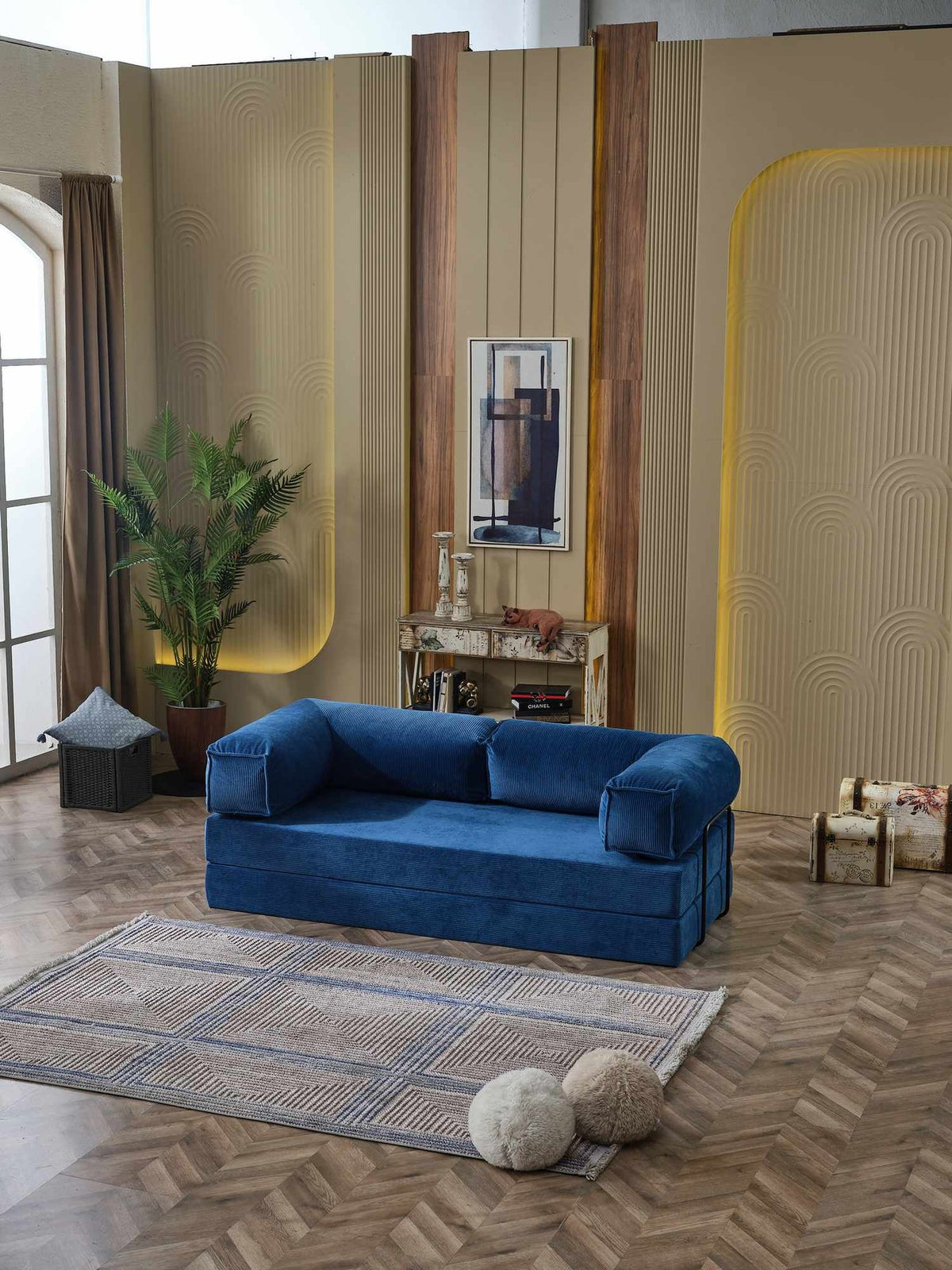 Dunkelblaues 2-Sitzer Schlafsofa aus Polyester-Leinen-Stoff mit Eisengestell, ausklappbar zum Bett, Masse 160 x 80 x 66 cm, Sitzhöhe 36 cm.