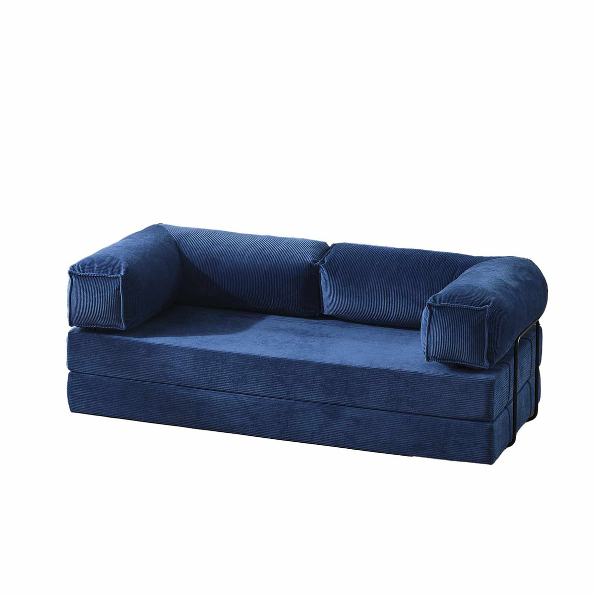 Dunkelblaues 2-Sitzer Schlafsofa aus Polyester-Leinen-Stoff mit Eisengestell, ausklappbar zum Bett, Masse 160 x 80 x 66 cm, Sitzhöhe 36 cm.