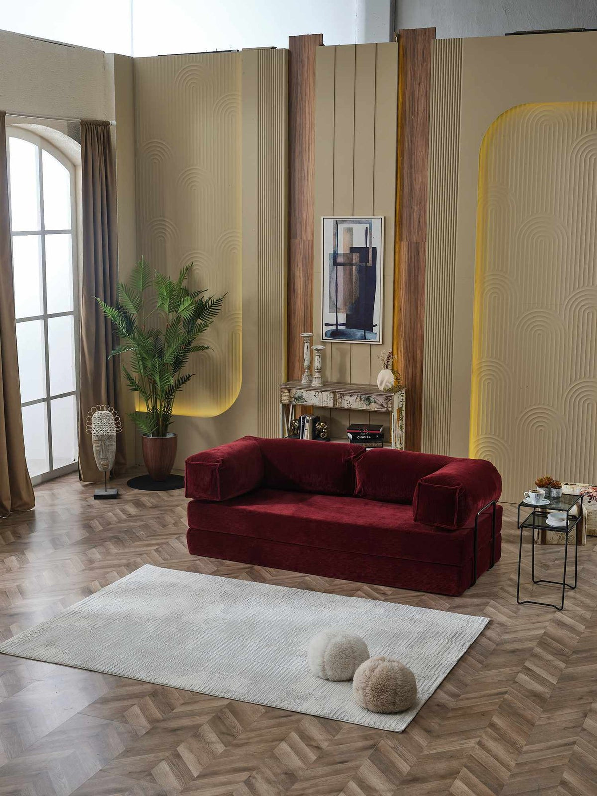 Bordeauxrotes 2-Sitzer Schlafsofa aus Polyester und Leinen mit Eisenstützstreben, Masse 180x90x66 cm, ausgeklappt als Bett 180x180 cm.
