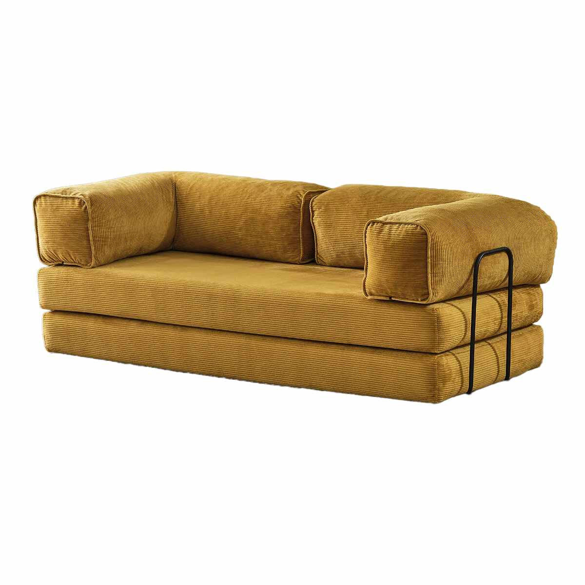 Senfgelbes 2-Sitzer Schlafsofa Kanepe 180 von Hanah Home aus Polyester-Leinen-Stoff mit geraden Armlehnen und niedriger Sitzhöhe, freigestellt.