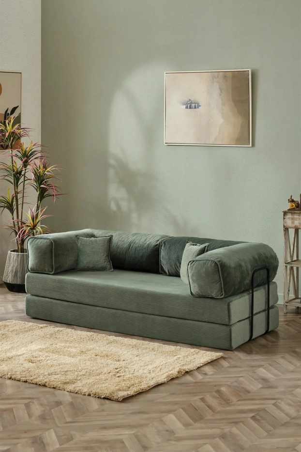 Grünes 2-Sitzer Schlafsofa Kanepe 180 von Hanah Home aus Polyester und Leinen mit ausklappbarer Liegefläche und Metallgestell.