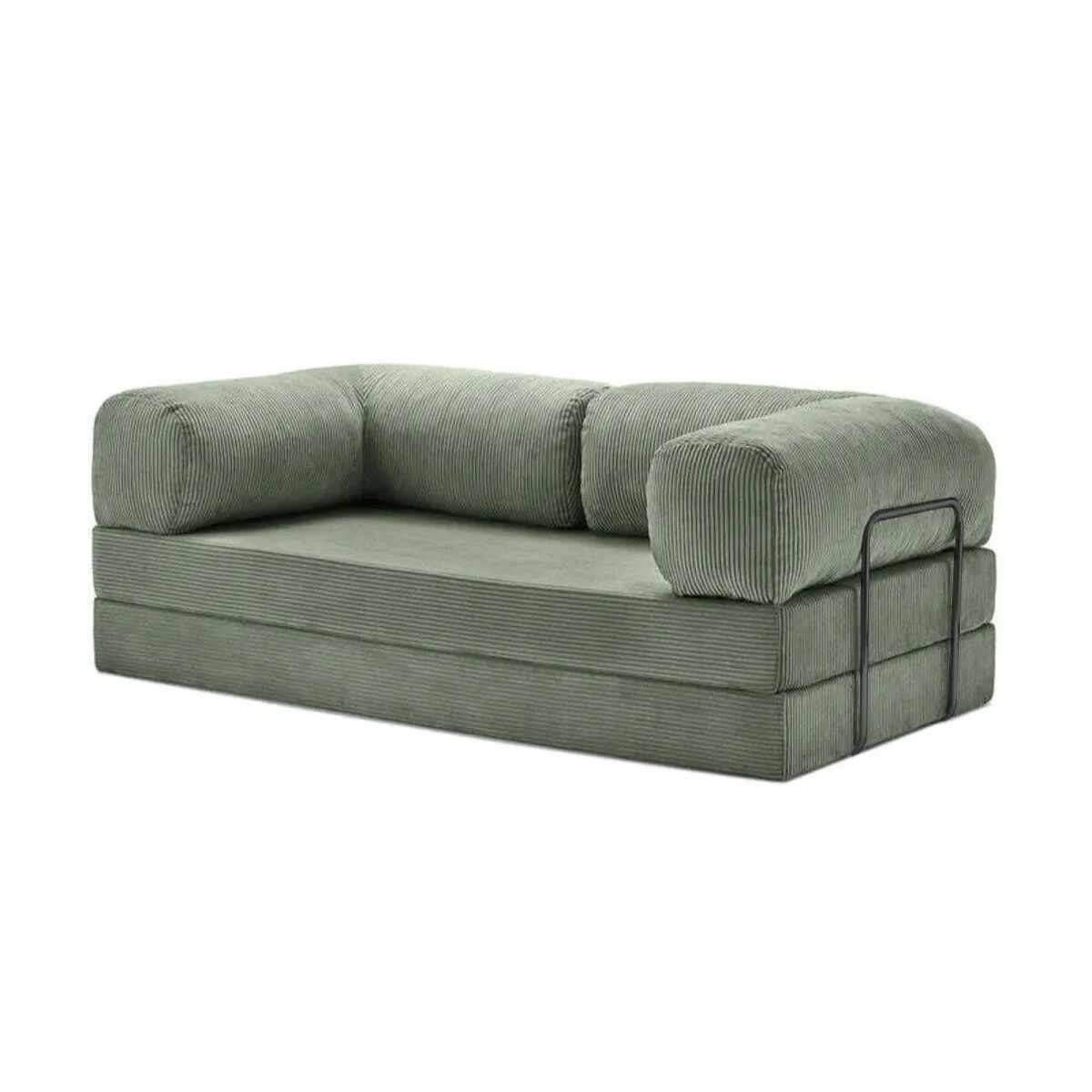 Grünes 2-Sitzer Schlafsofa Kanepe 180 von Hanah Home aus Polyester und Leinen mit ausklappbarer Liegefläche und Metallgestell.