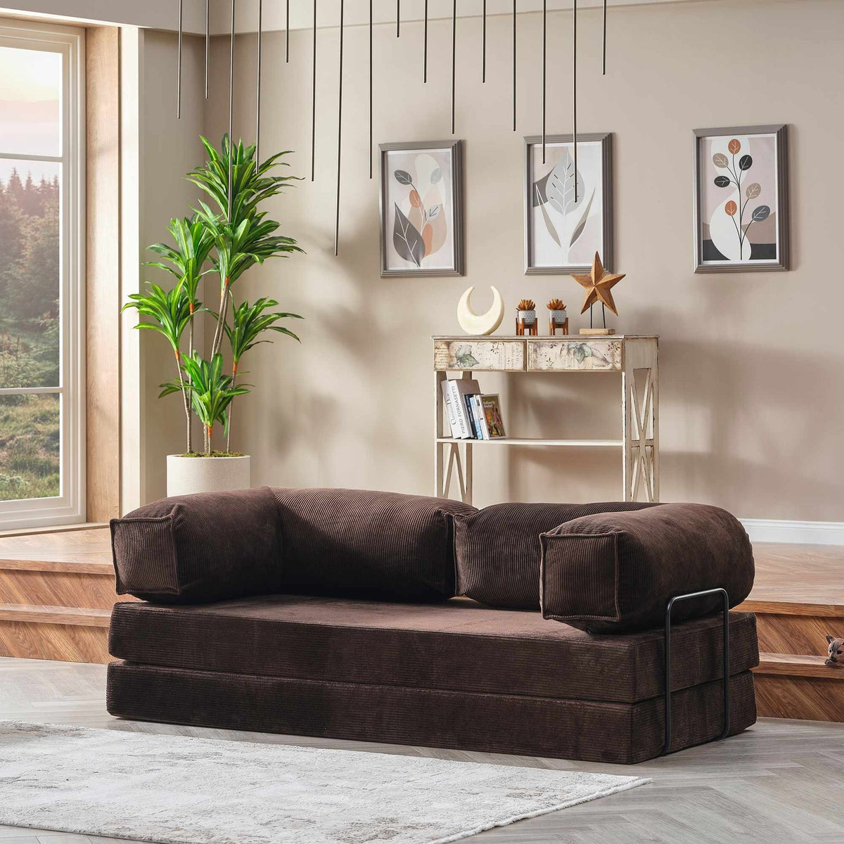 Braunes 3-Sitzer Schlafsofa aus Polyester und Leinen mit Eisenstützstreben, ausgeklappt als Doppelbett 200 x 200 cm.