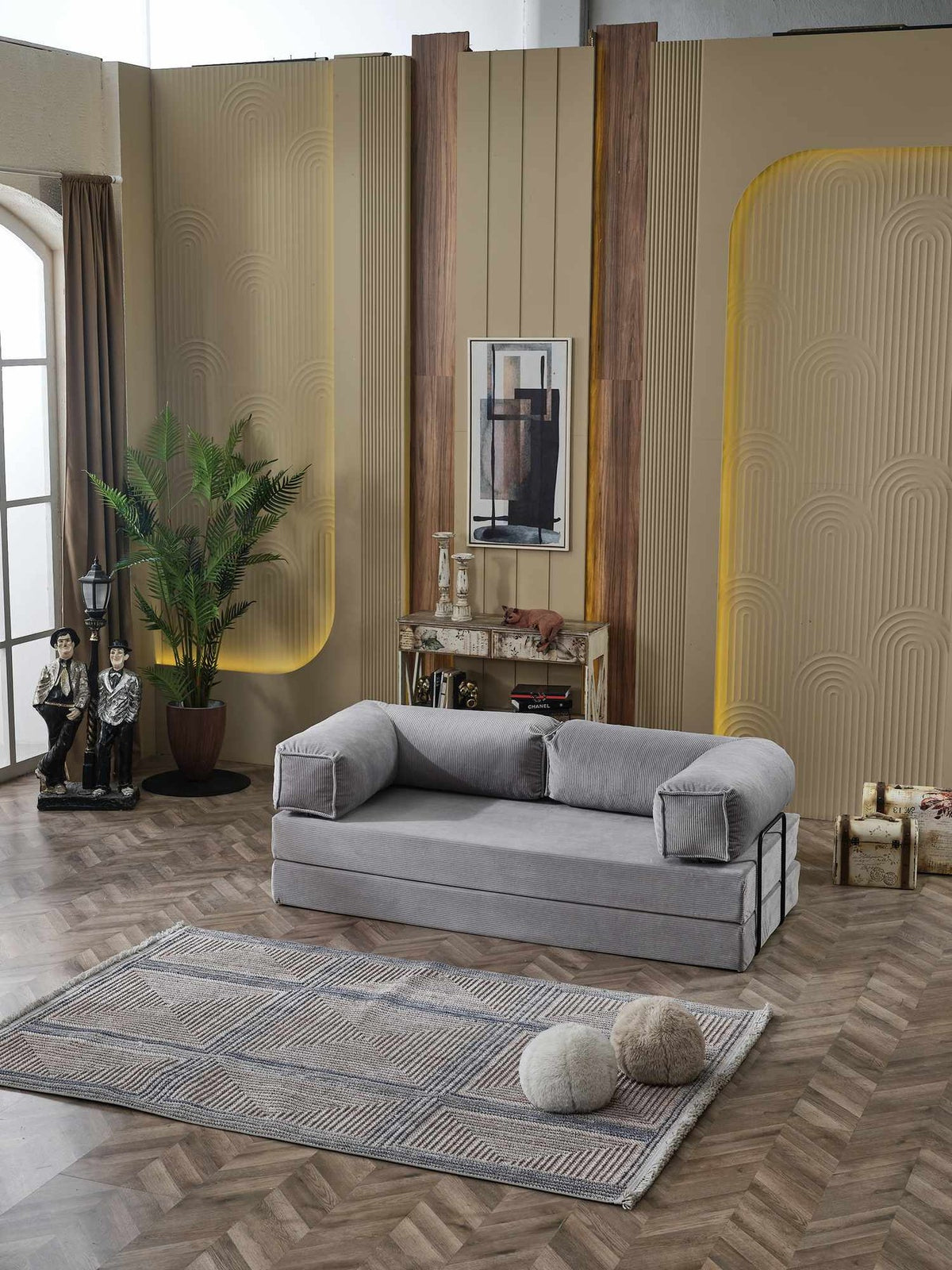 Silberfarbenes 3-Sitzer Schlafsofa aus Polyester und Leinen mit ausklappbarer Liegefläche, Eisengestell und schlichtem, geradlinigem Design.