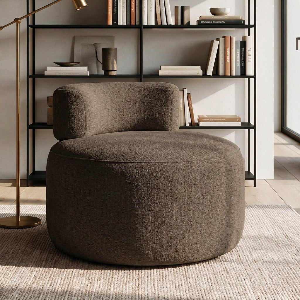 Ohrensessel Ellipse in Mokka von Hanah Home mit gestricktem Polyesterbezug, gepolsterter Sitzfläche und Kunststoffbeinen, Frontalansicht des Sessels.