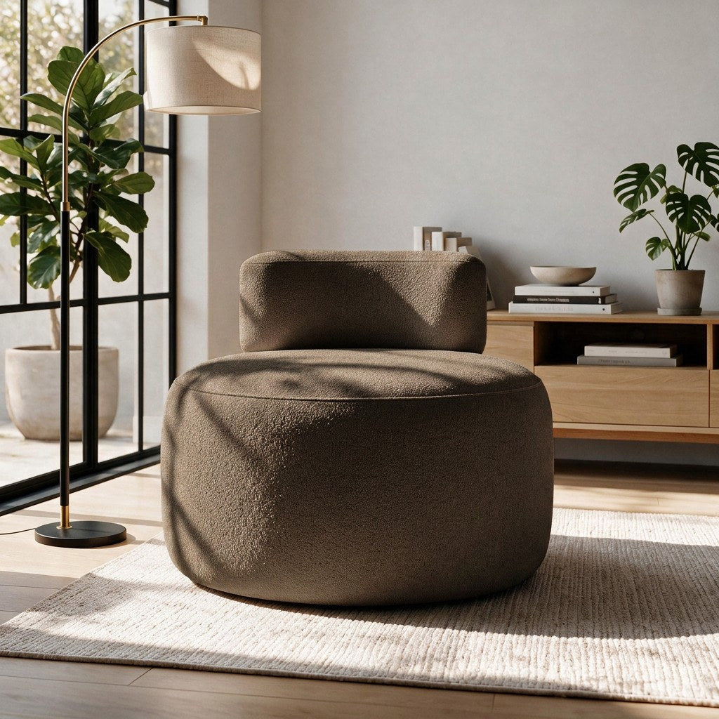 Ohrensessel Ellipse in Mokka von Hanah Home mit gestricktem Polyesterbezug, gepolsterter Sitzfläche und Kunststoffbeinen, Frontalansicht des Sessels.