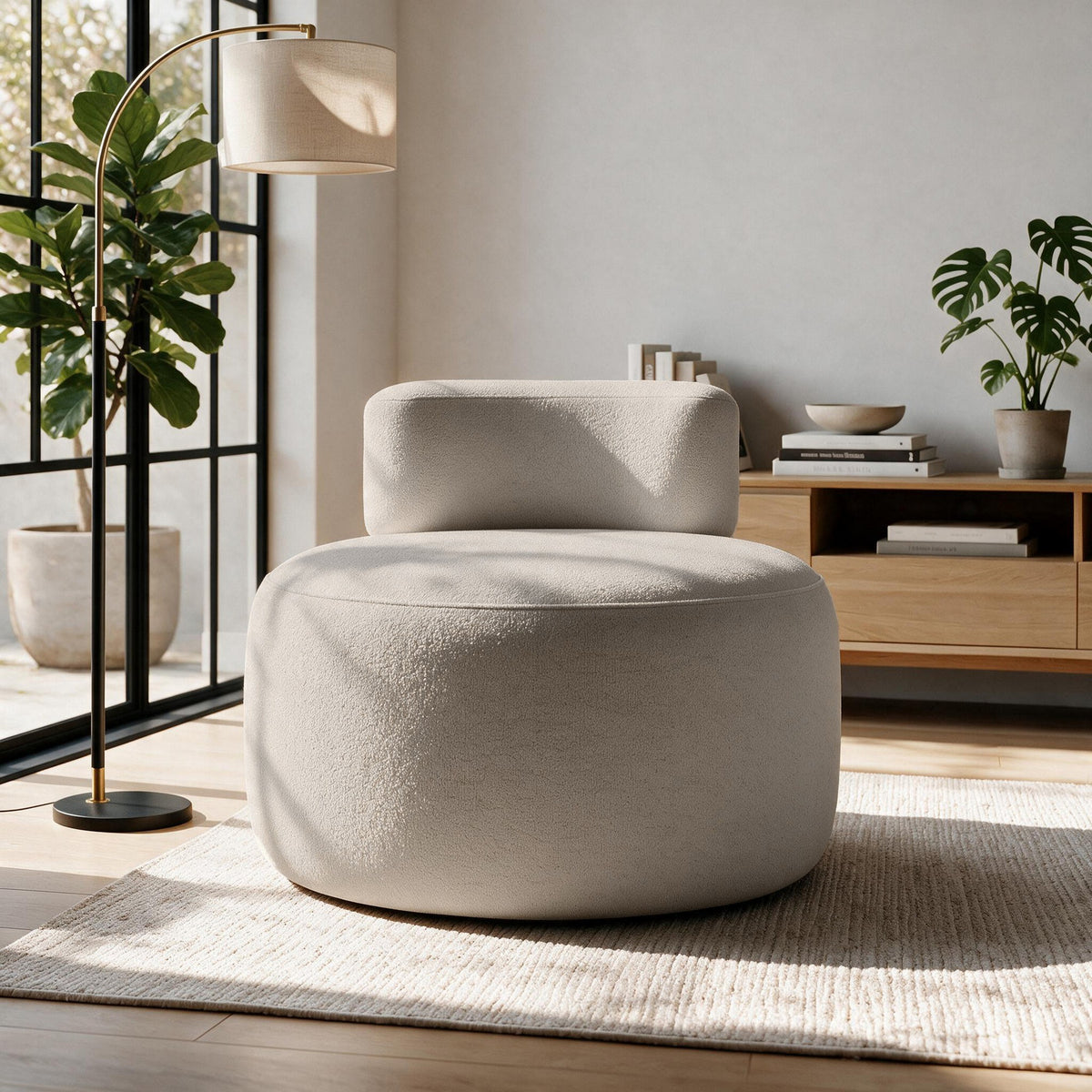 Ohrensessel Ellipse in Latte von Hanah Home, gestrickter Polyesterbezug, Schaumstoffpolsterung, Kunststoffbeine, Wing-Chair-Form.