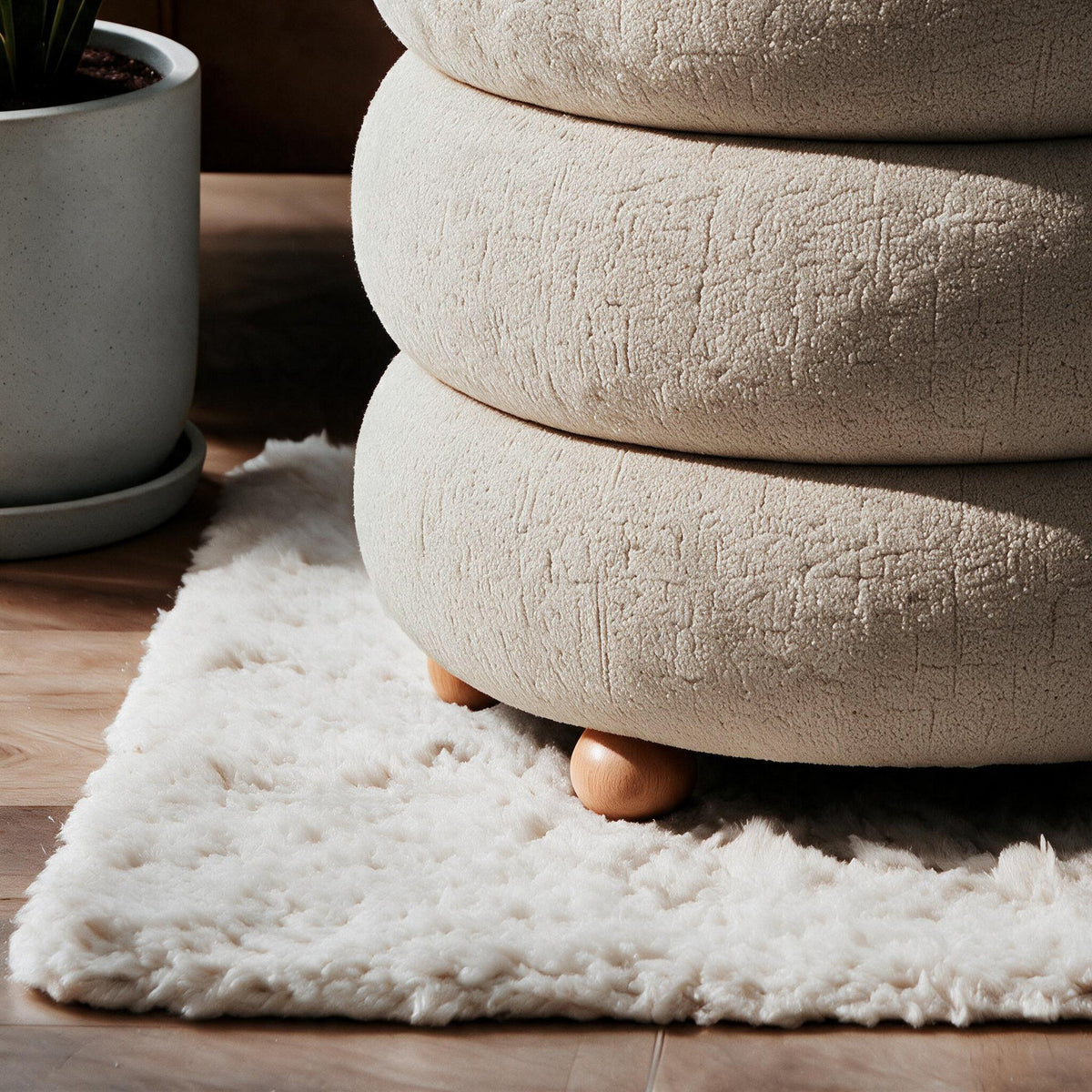 Runder Pouf in Latte-Farbe aus gestricktem Polyesterstoff mit Holzkugelfüssen und gepolsterter Sitzfläche, Stauraum im Inneren.