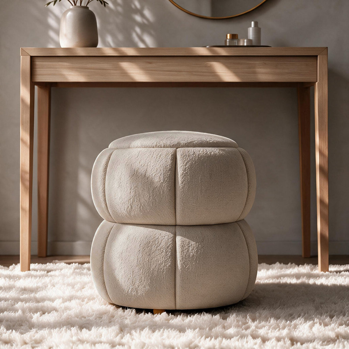 Softura Pouf in Latte von Hanah Home, rundes Sitzmöbel mit gestricktem Polyesterbezug und Holzkugelfüssen, frontale Ansicht auf hellem Untergrund.