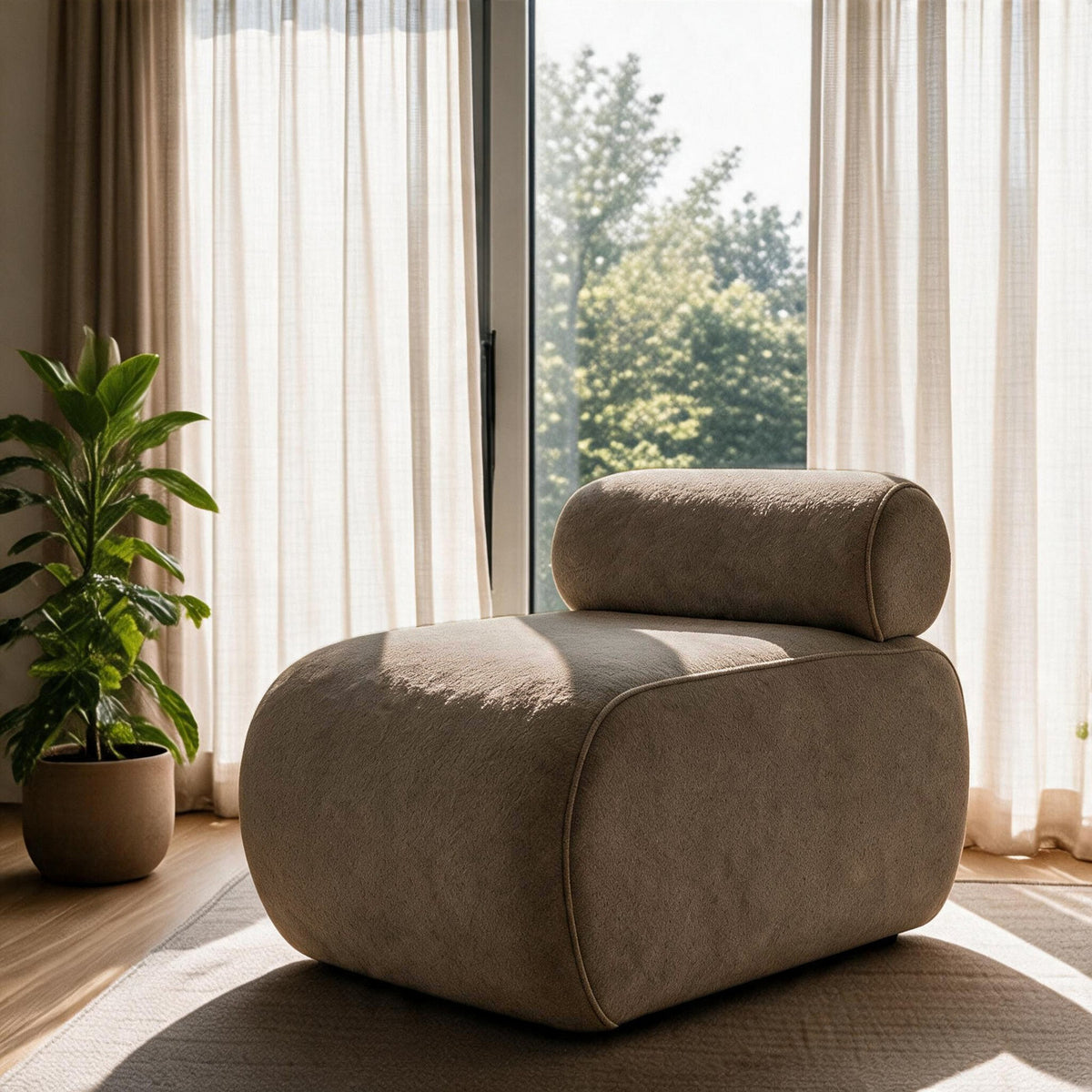 Cosmo Ohrensessel in Mokka von Hanah Home, Wing Chair mit gestricktem Polyesterstoff, Kunststoffbeinen und gepolsterter Rückenlehne.