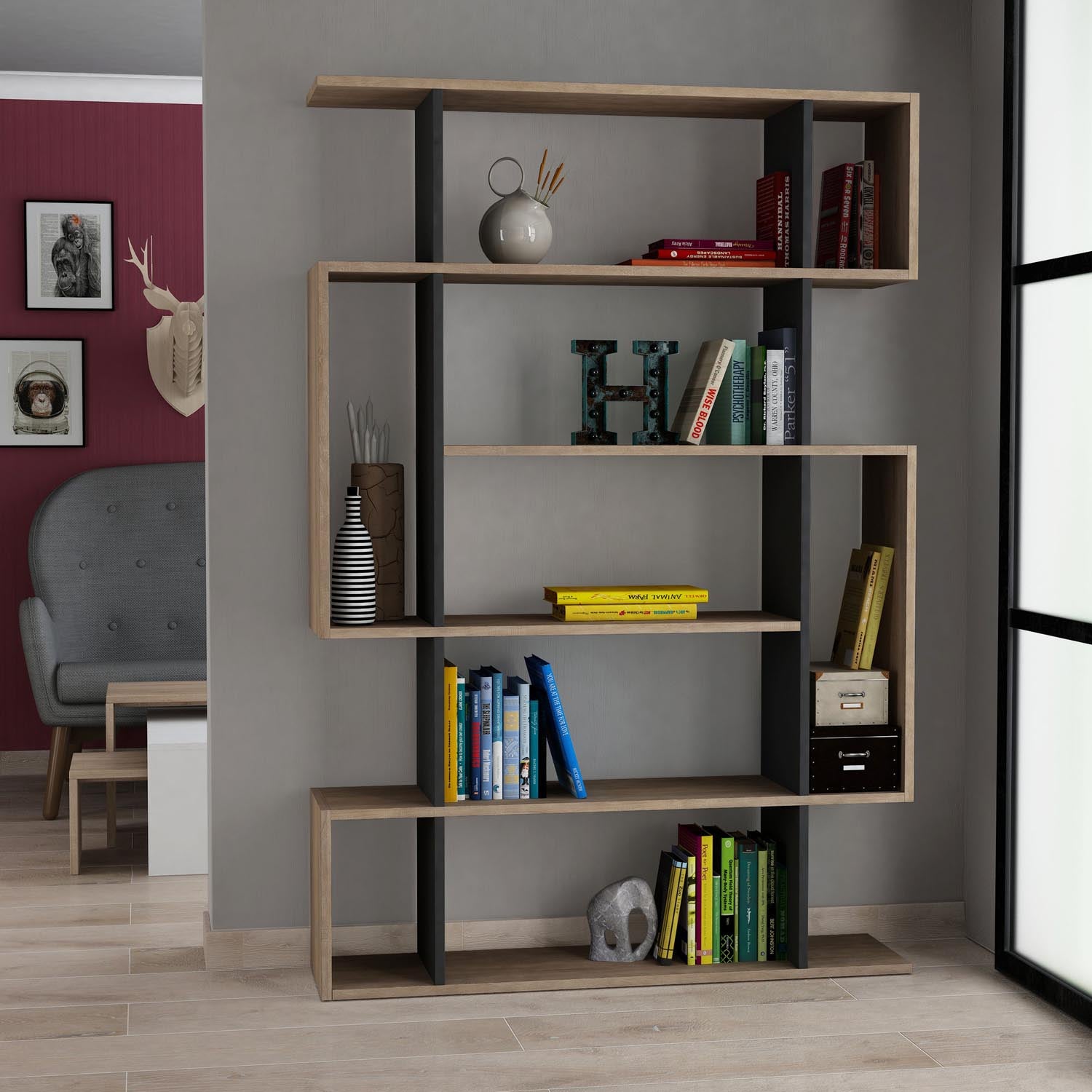 Mito - Sonoma Oak, Anthracite in Sonoma Eiche Anthrazit präsentiert im Onlineshop von KAQTU Design AG. Bücherregal ist von Hanah Home