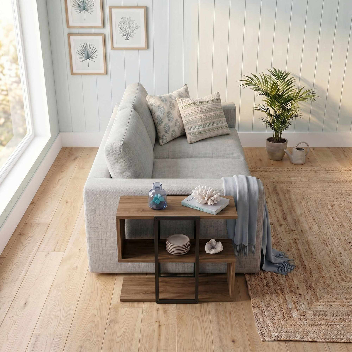 Beistelltisch Homia in Deep Oud von Hanah Home mit melaminbeschichteter Spanplatte, zwei Böden und schlanken Eisenbeinen, Frontalansicht.