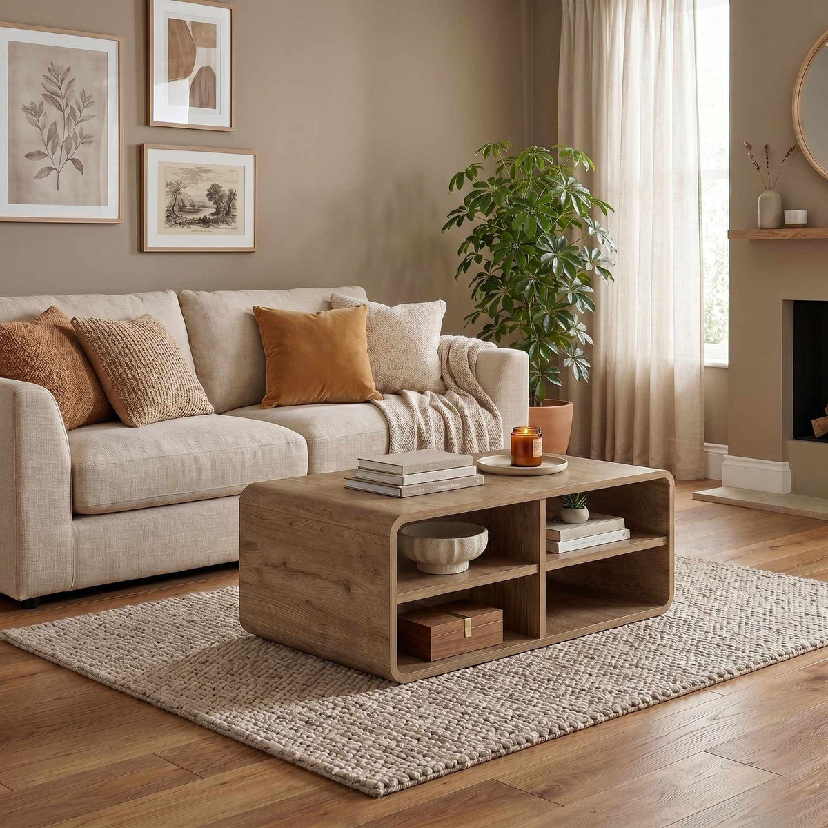 Couchtisch Rovel in Natur von Hanah Home, Korpus aus melaminbeschichteter Spanplatte mit abgerundeten MDF-Kanten und vier offenen Böden.