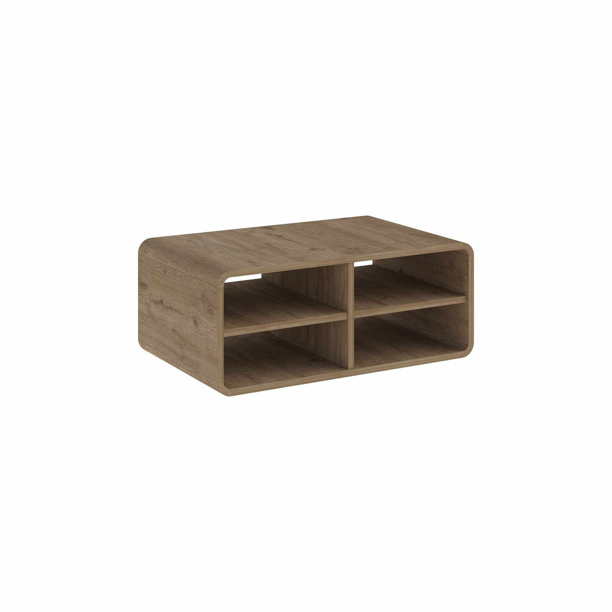 Couchtisch Rovel in Natur von Hanah Home, Korpus aus melaminbeschichteter Spanplatte mit abgerundeten MDF-Kanten und vier offenen Böden.