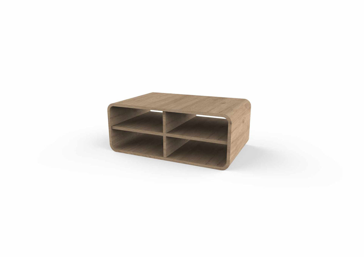 Couchtisch Rovel in Natur von Hanah Home, Korpus aus melaminbeschichteter Spanplatte mit abgerundeten MDF-Kanten und vier offenen Böden.