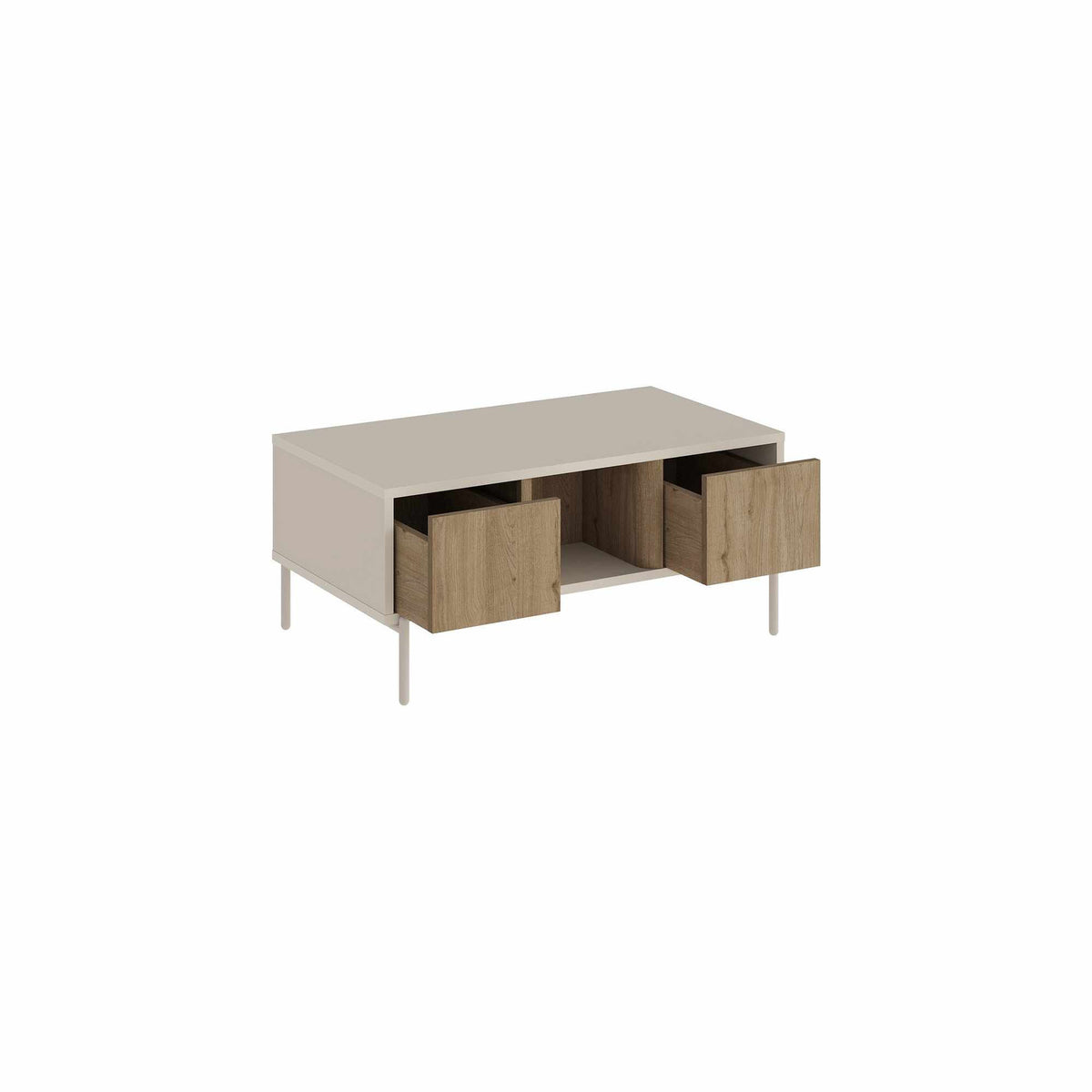 Couchtisch Ventro in Sandstein von Hanah Home mit Spanplatten-Korpus, Eisenbeinen, zwei Böden und Schubladen mit Soft-Close-Funktion.